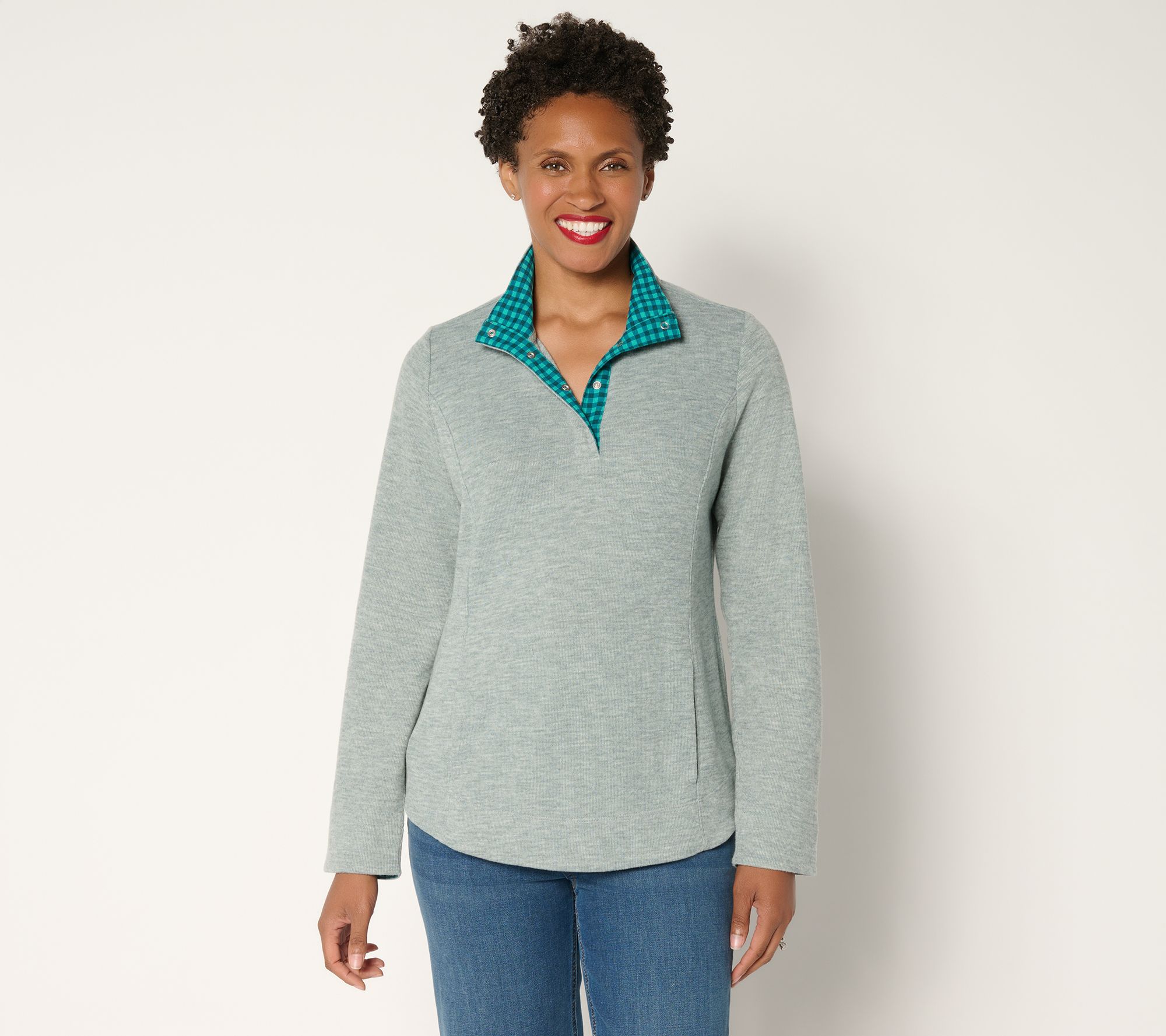 Denim & Co. Flat Back Rib Snap Henley Top with Contrast Print