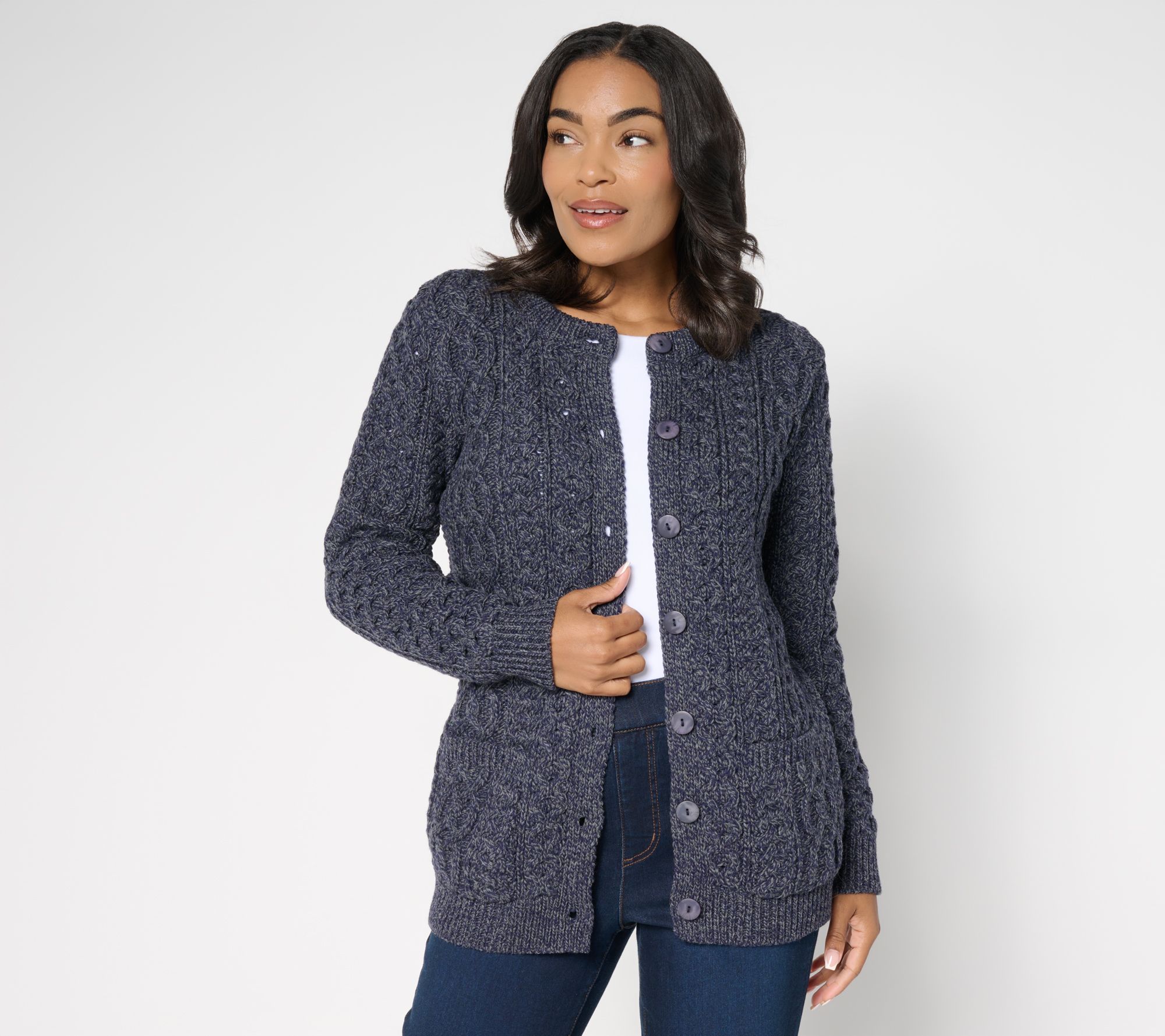 Aran Crafts Merino Wool Button-Front Cardigan with Pockets