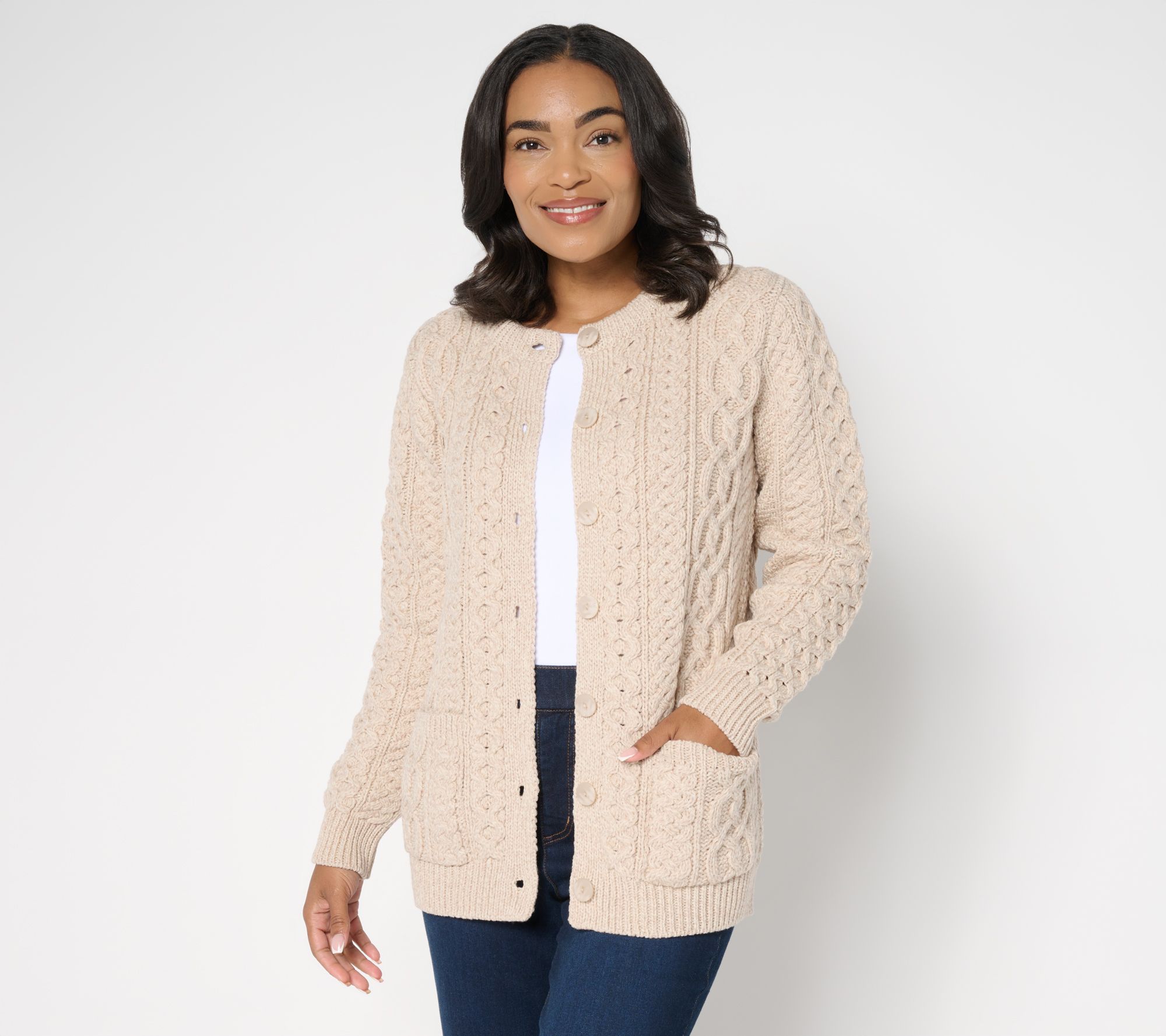 Aran Crafts Merino Wool Button-Front Cardigan with Pockets