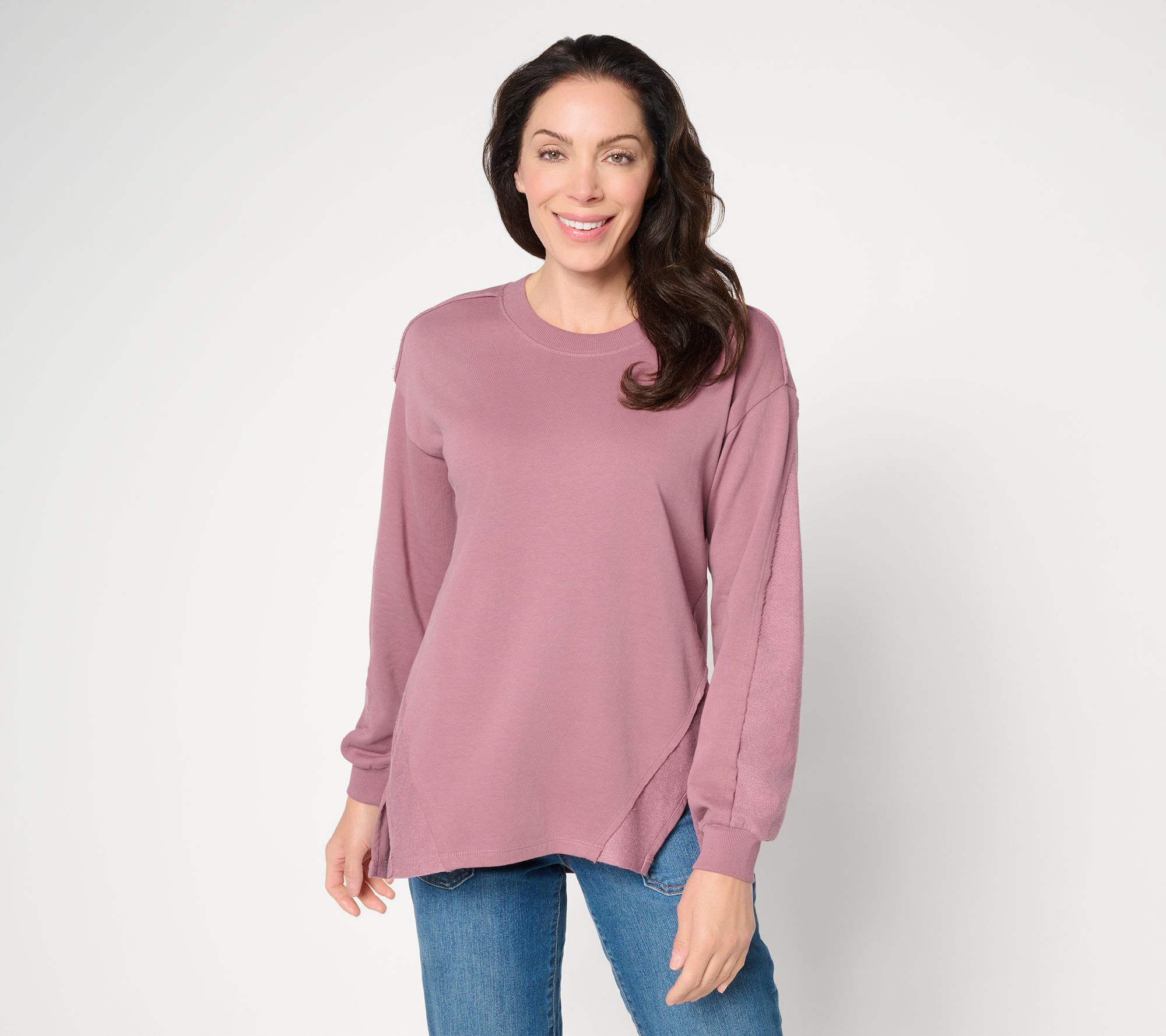 LOGO by Lori Goldstein Reverse Blocked Split Hem Sweatshirt