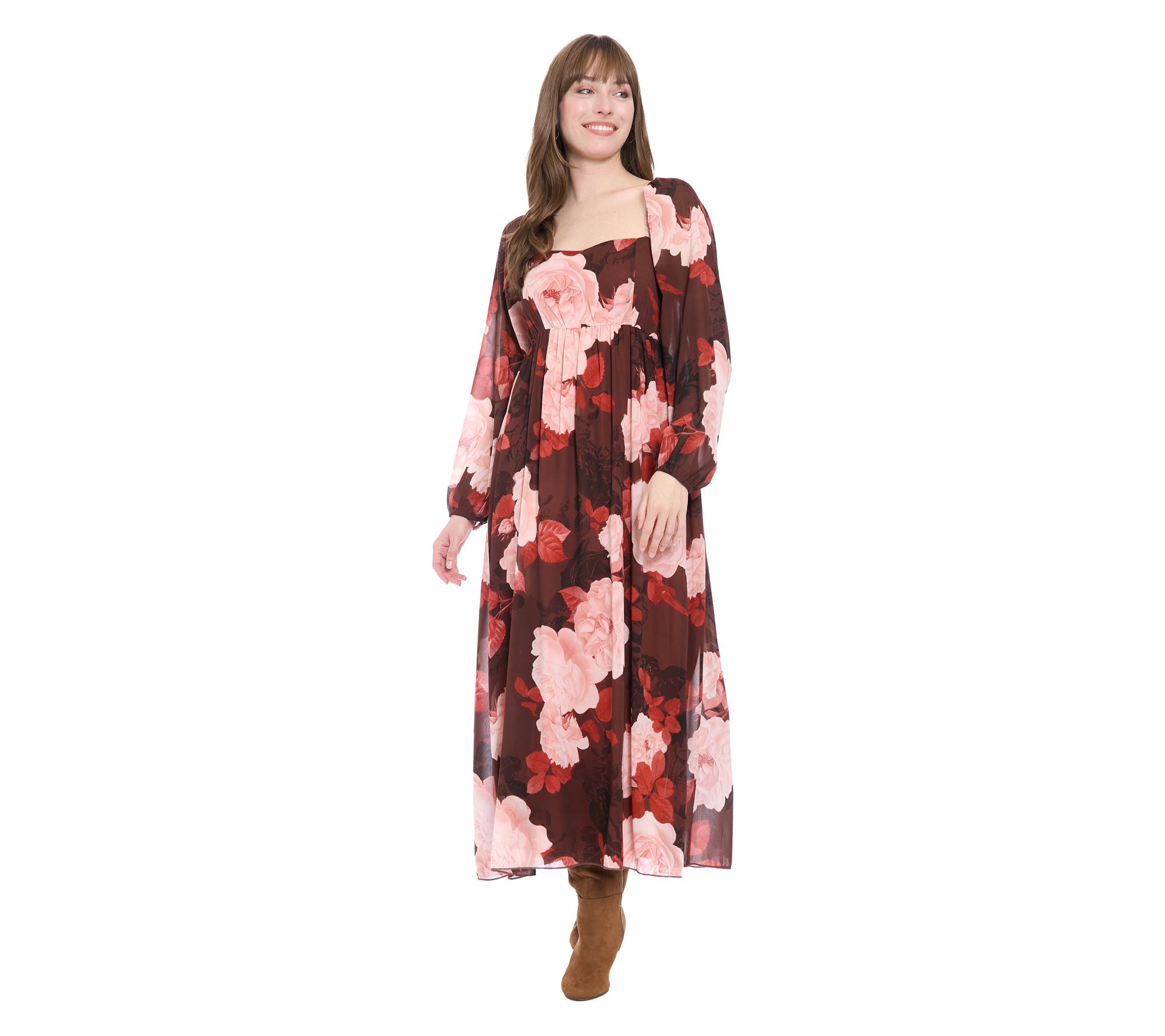 London Times Print Sheer Maxi Dress with BishopSleeve