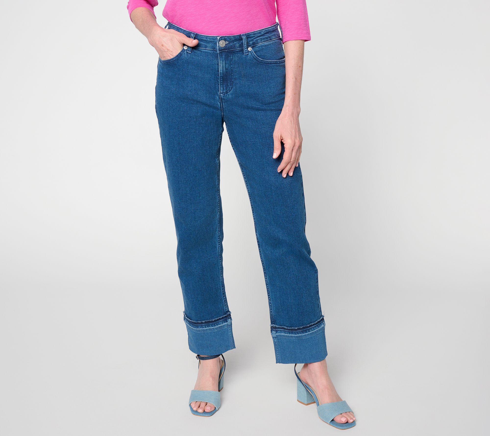 LOGO by Lori Goldstein Petite Cuffed Hem Straight Leg Jeans