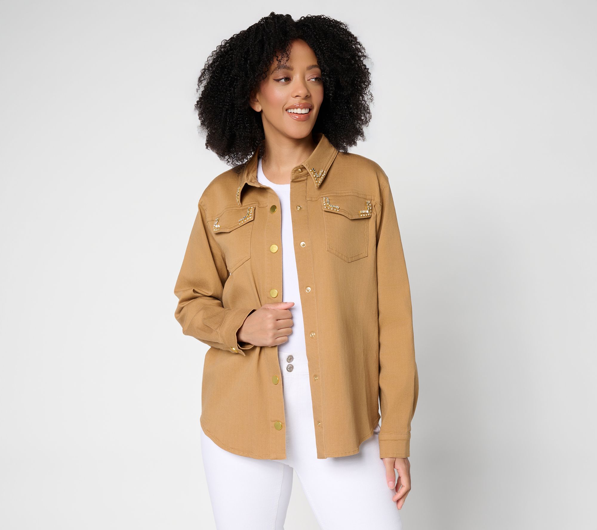 Susan Graver Weekend Garment Washed Stretch Cotton Shacket w/Embellishment