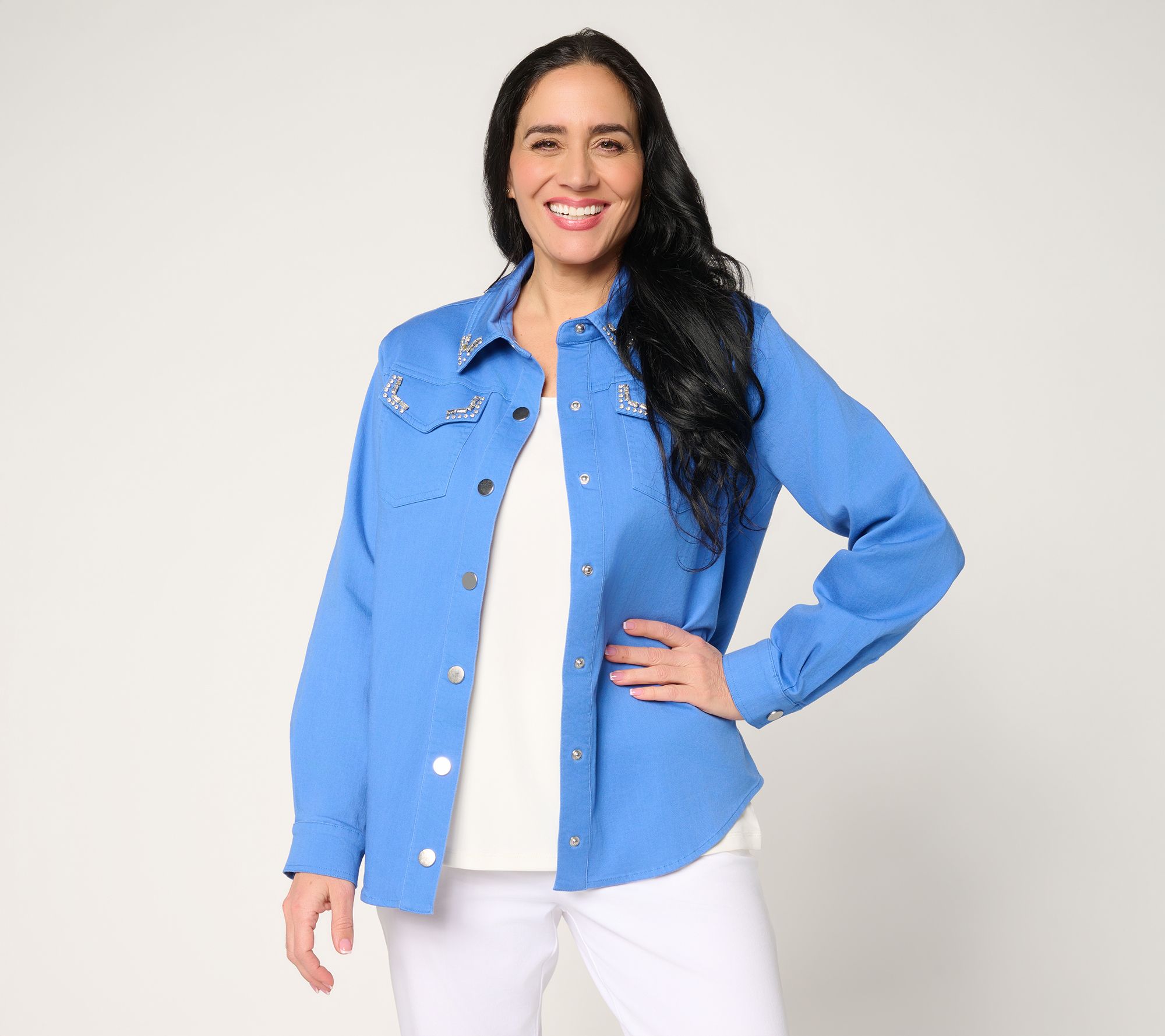 Susan Graver Weekend Garment Washed Stretch Cotton Shacket w/Embellishment