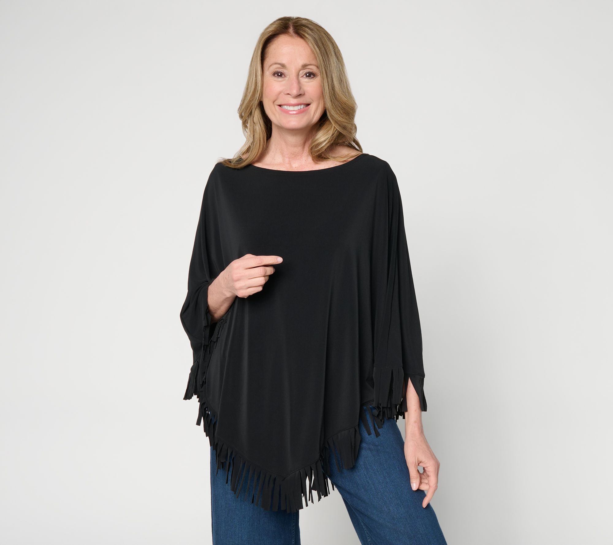 Attitudes by Renee Como Jersey Fringe Poncho