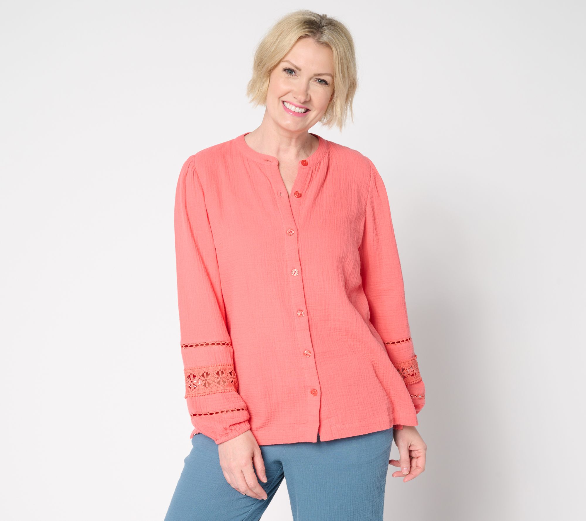 "As Is" Belle Beach by Kim Gravel Cotton Gauze Ladder Lace Button Top