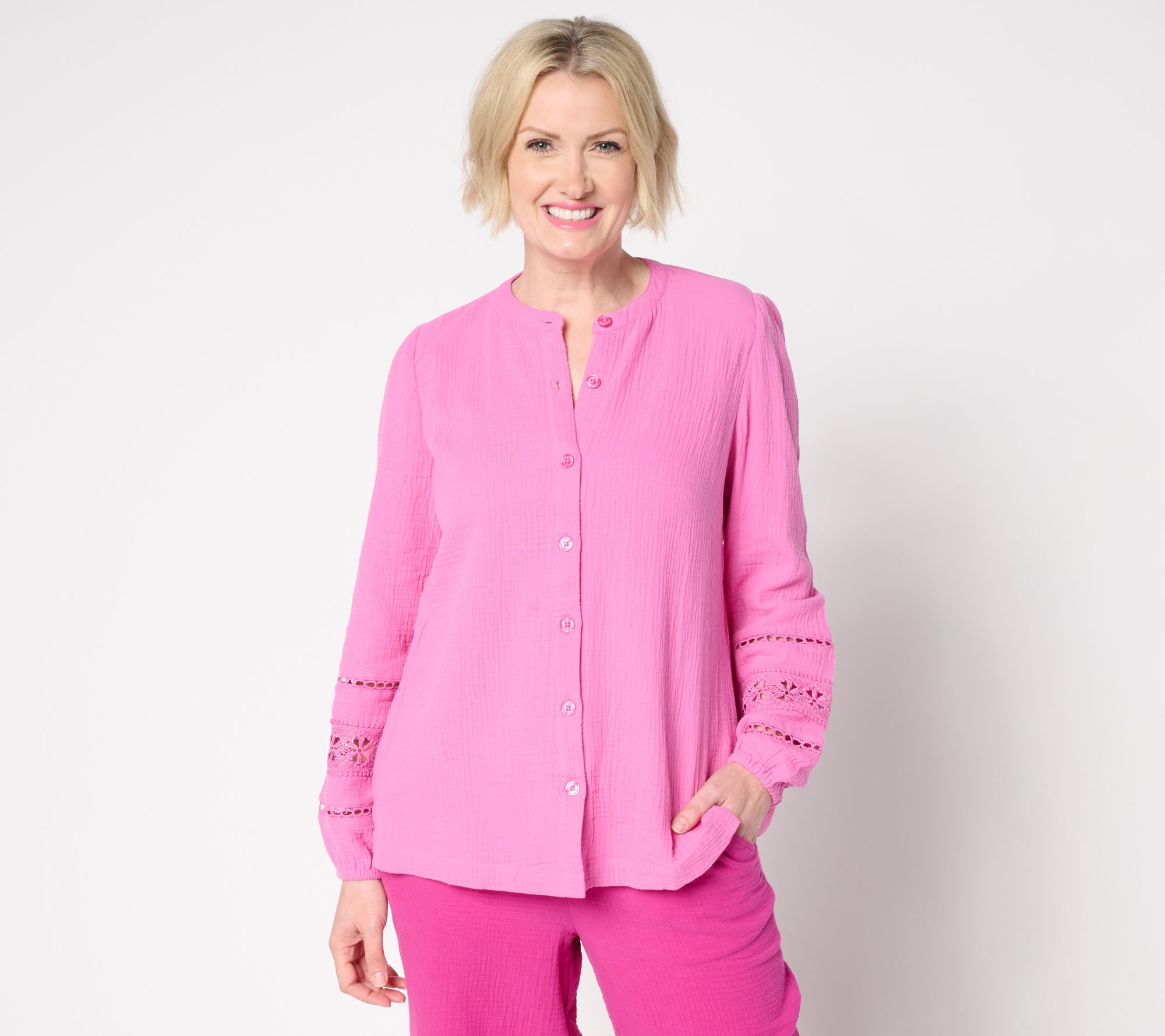 "As Is" Belle Beach by Kim Gravel Cotton Gauze Ladder Lace Button Top