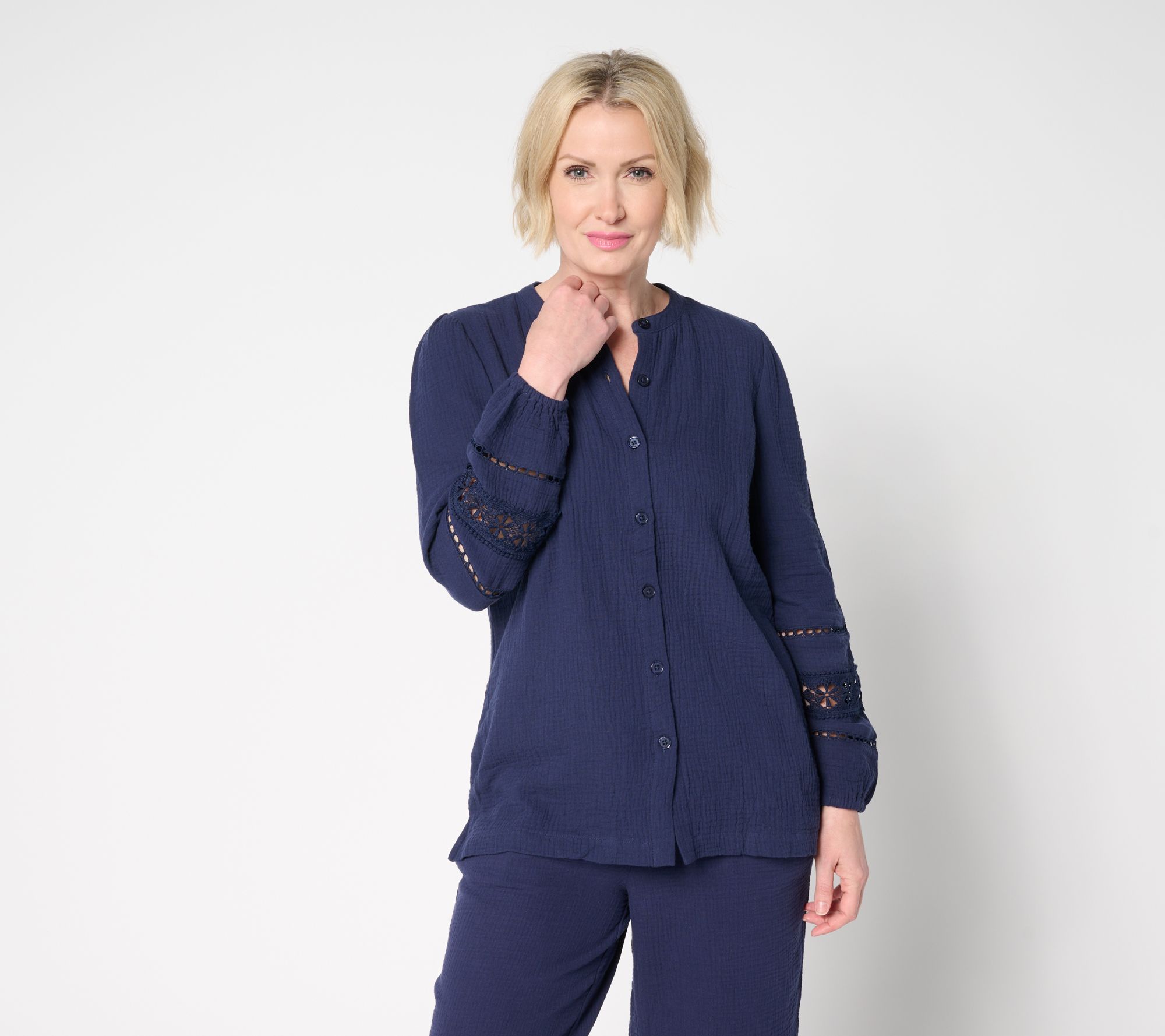 "As Is" Belle Beach by Kim Gravel Cotton Gauze Ladder Lace Button Top