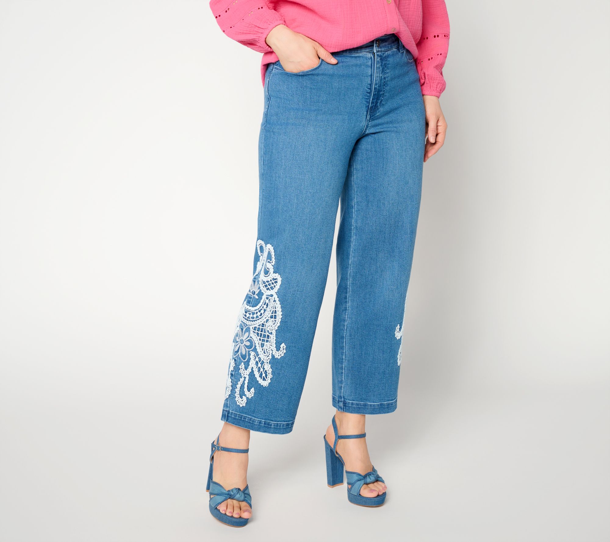 Susan Graver Petite Stretch Denim Ankle Jean w/ Lace Detail