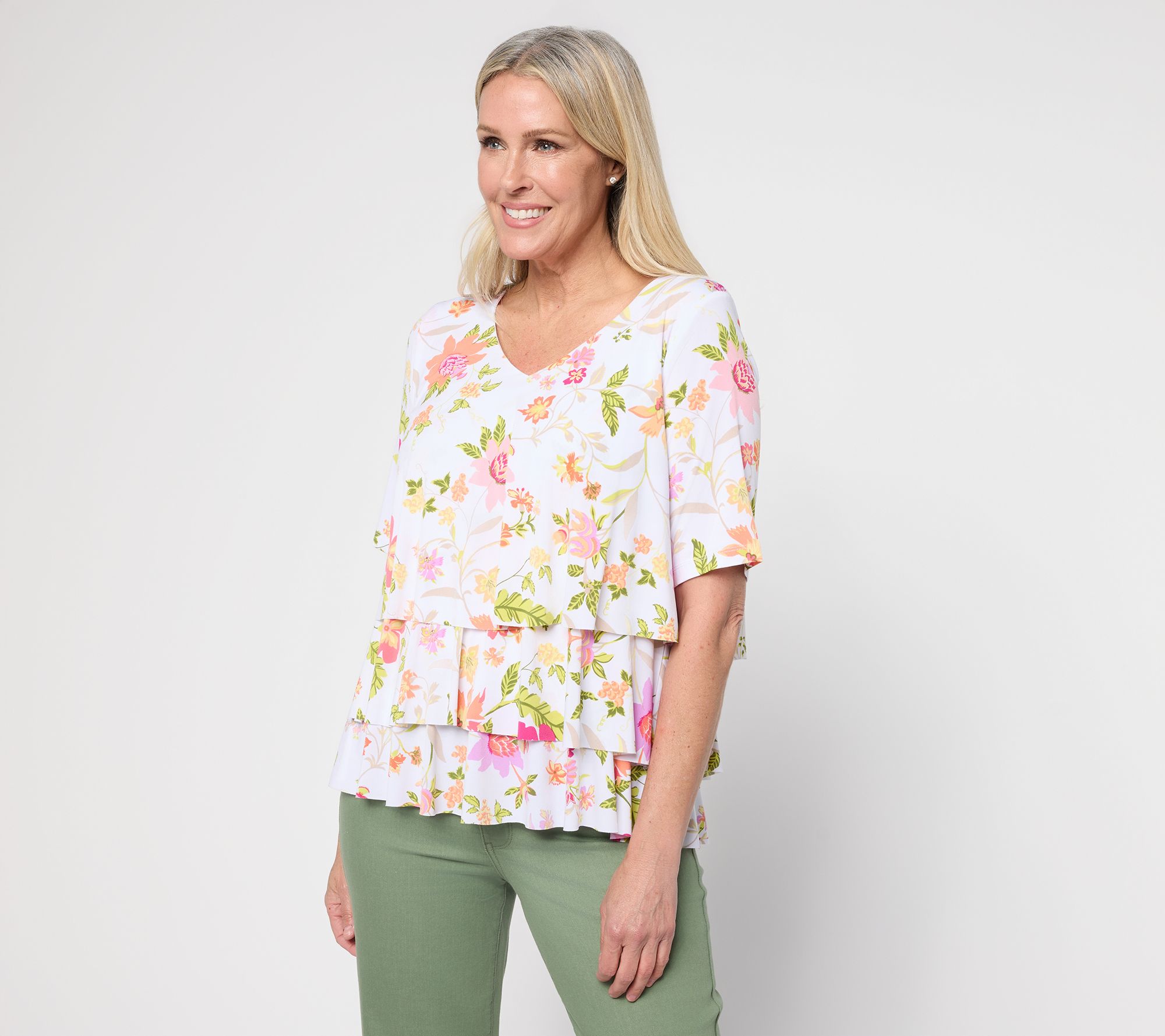 Susan Graver Printed Liquid Knit V-Neck Tiered Top