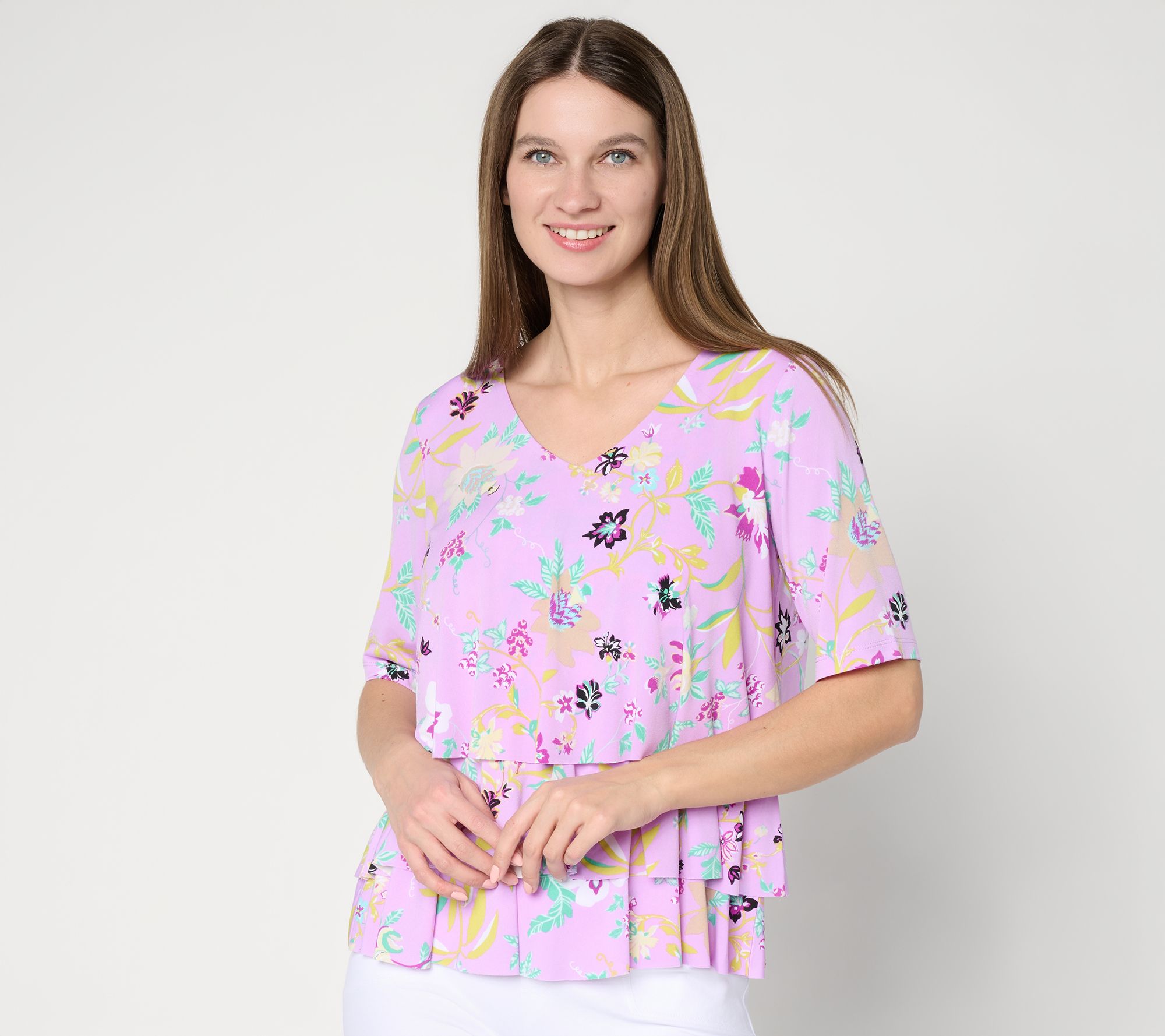 Susan Graver Printed Liquid Knit V-Neck Tiered Top