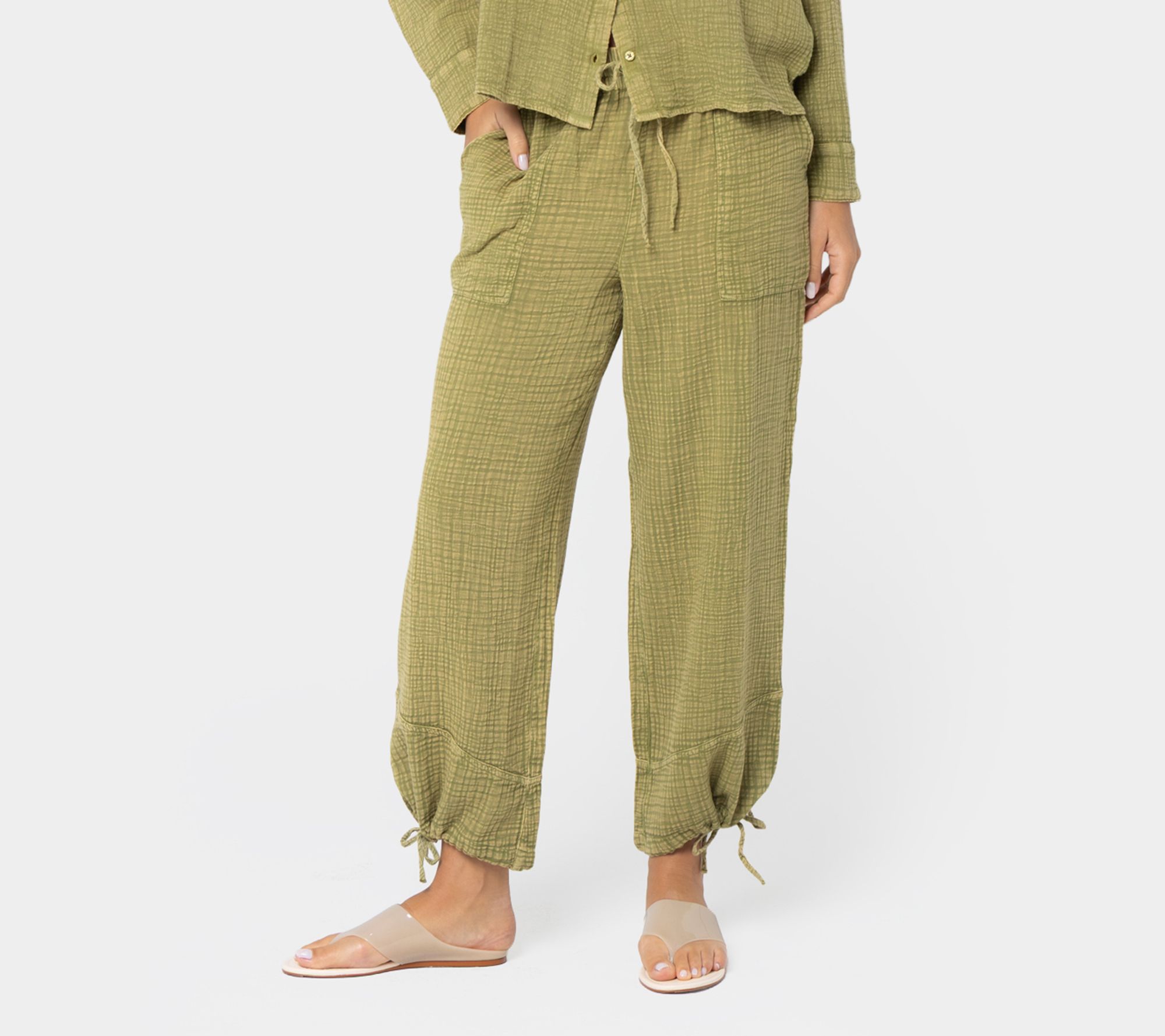  Peace Love World Regular Washed Cotton Gauze Pants with Hem Detail