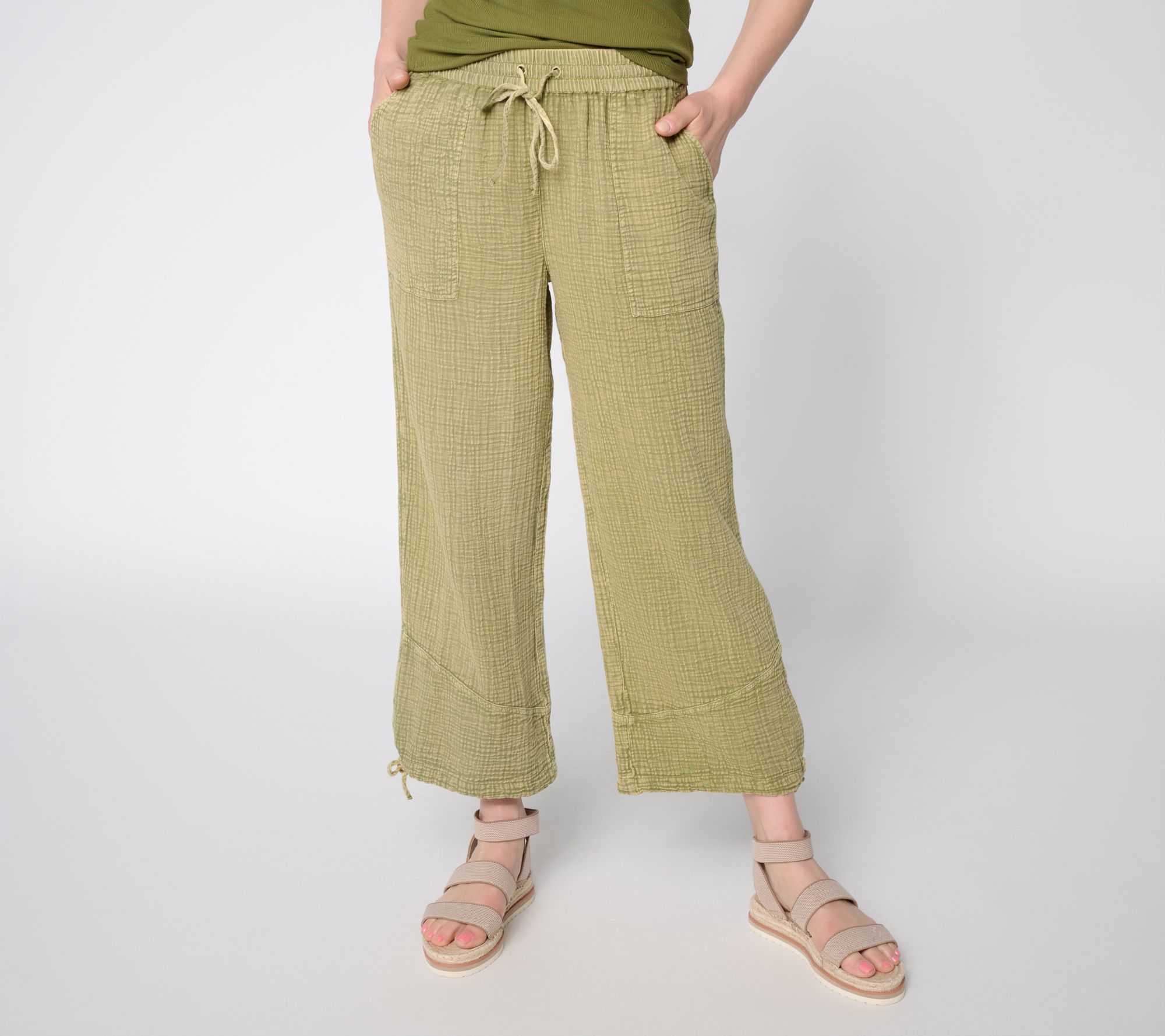 Peace Love World Regular Washed Cotton Gauze Pants with Hem Detail