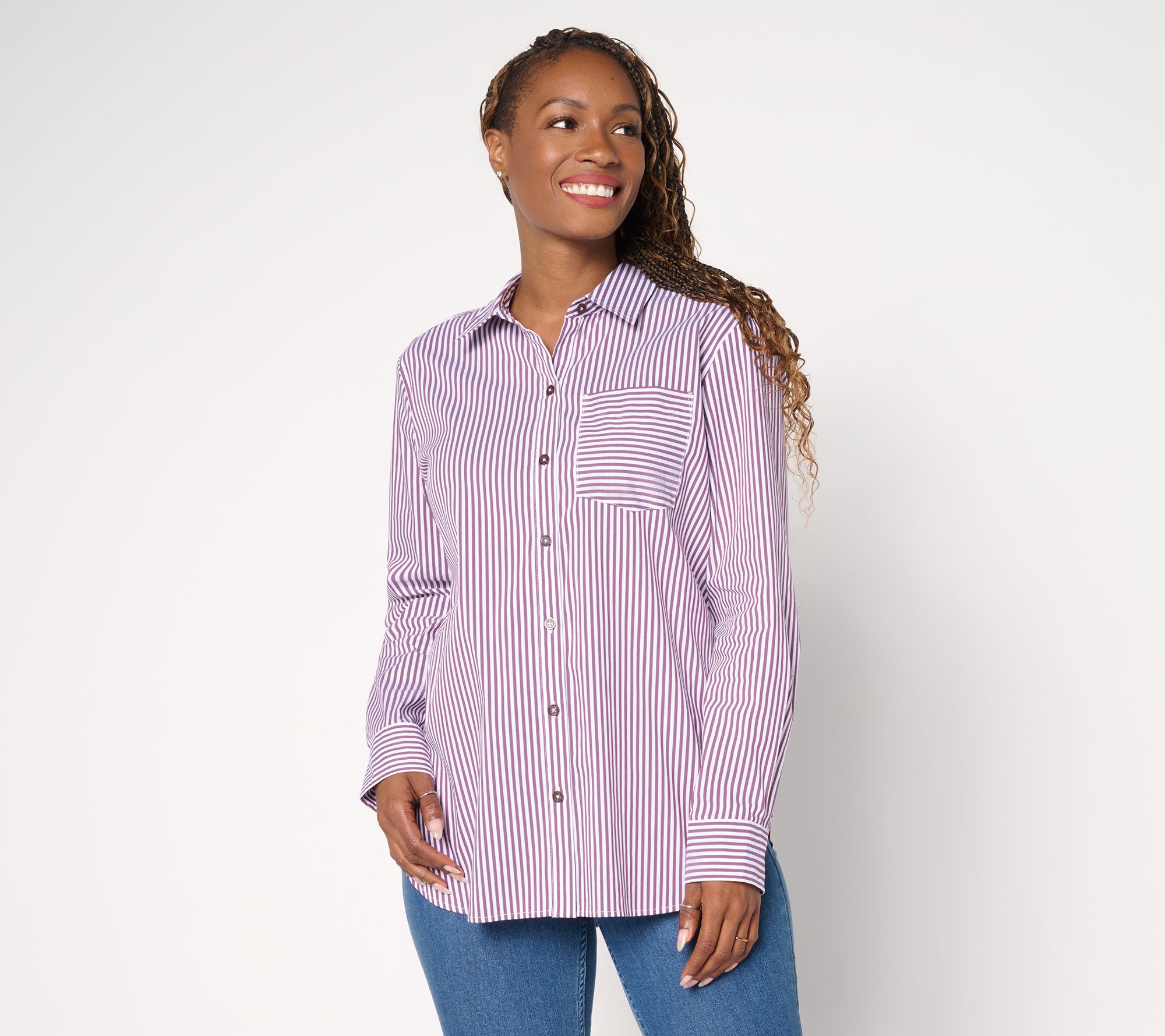 "As Is" Susan Graver Petite Yard Dyed Stretch Woven Poplin Shirt