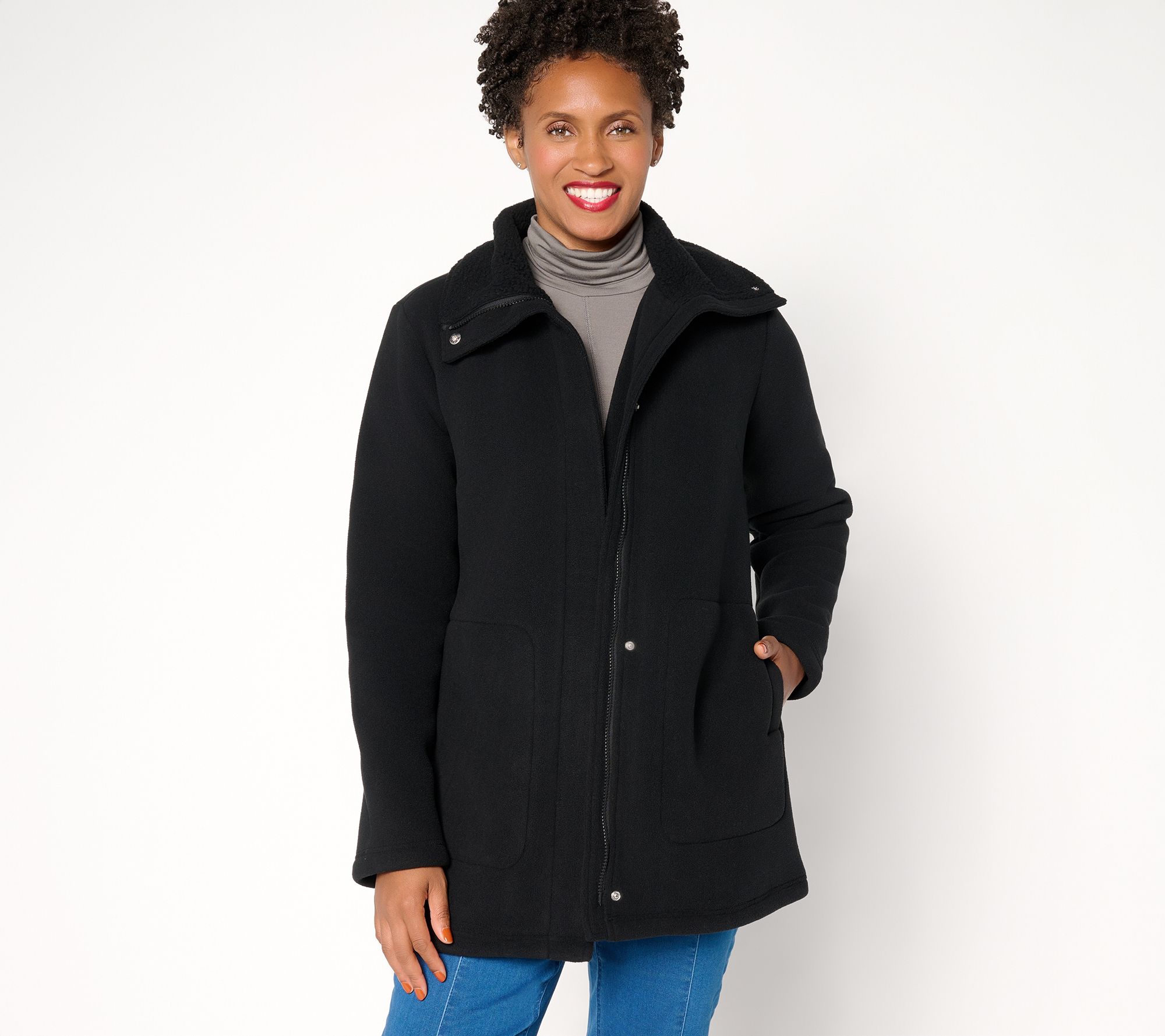 "As Is" Denim & Co. Regular Fleece Bonded Sherpa Jacket with 2-Way Zip