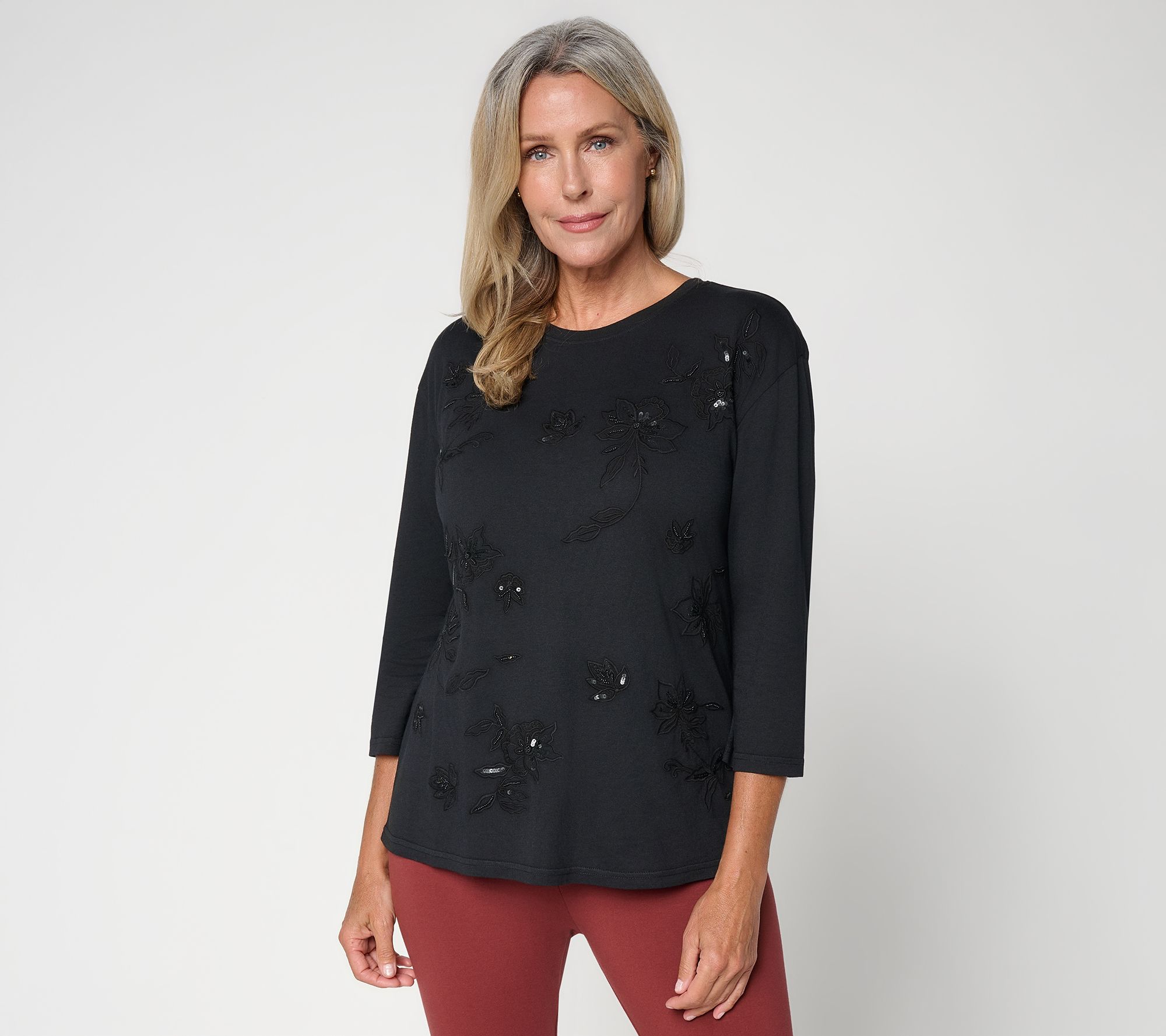 LOGO Layers by Lori Goldstein 3/4-Sleeve Lace Embroidered Top