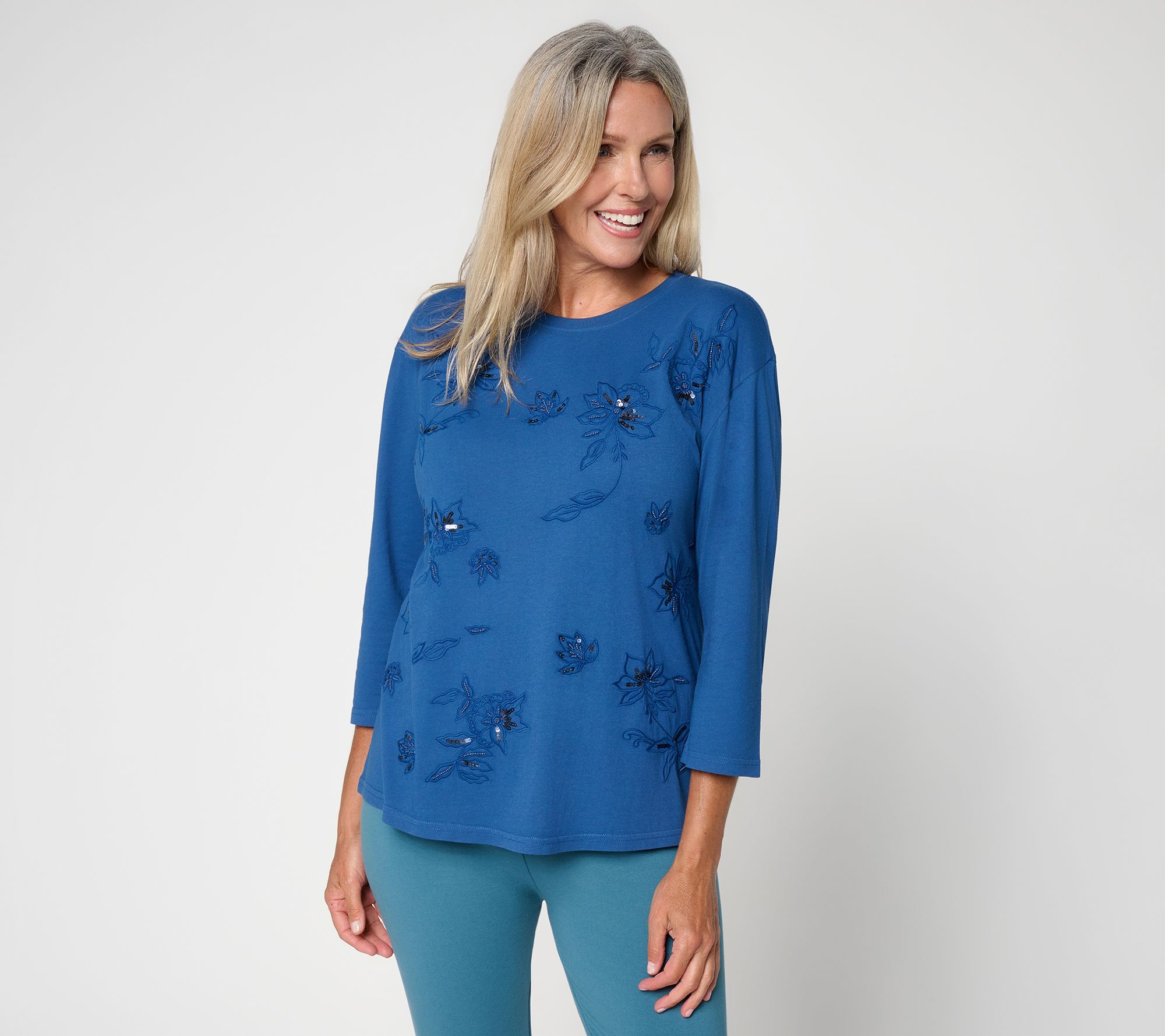 LOGO by Lori Goldstein 3/4-Sleeve Embroidered Top