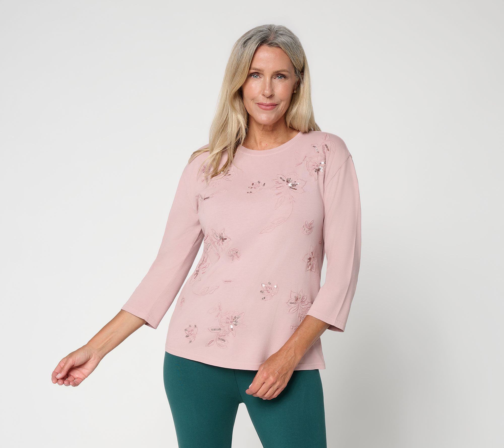 LOGO by Lori Goldstein 3/4-Sleeve Embroidered Top