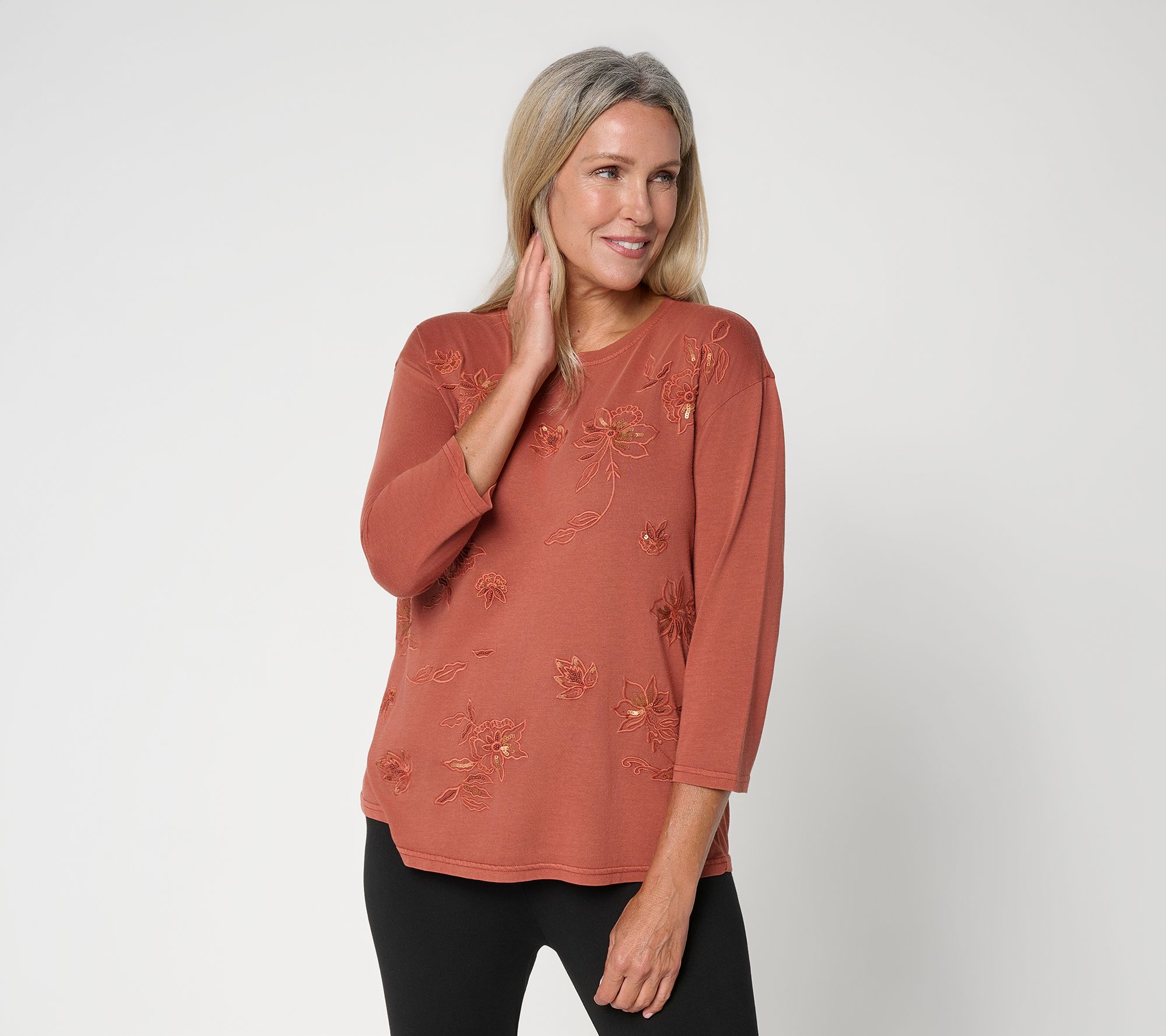 LOGO by Lori Goldstein 3/4 Sleeve Embroidered Top