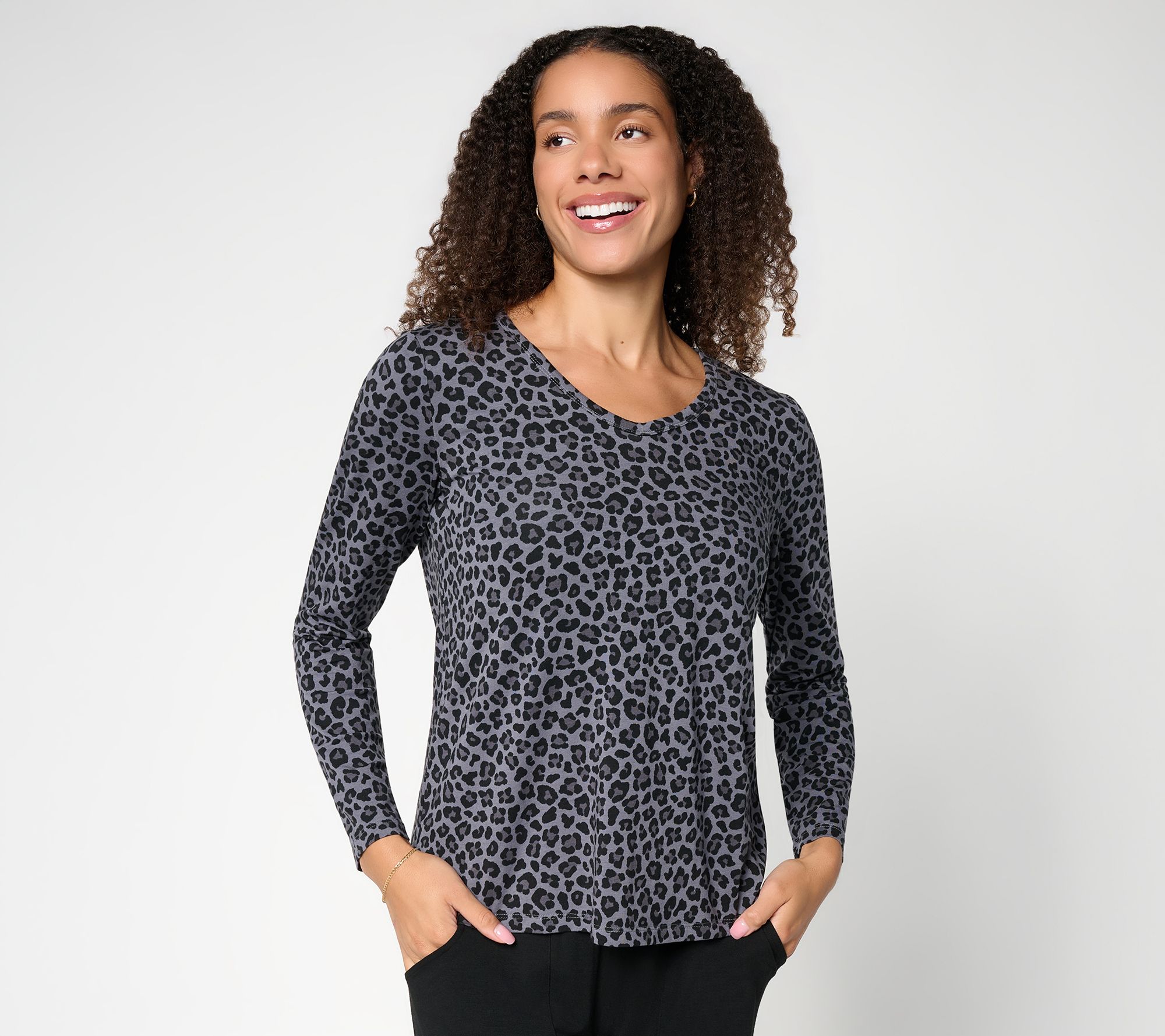 AnyBody Cozy Knit Jersey Leopard Print Long Sleeve Top