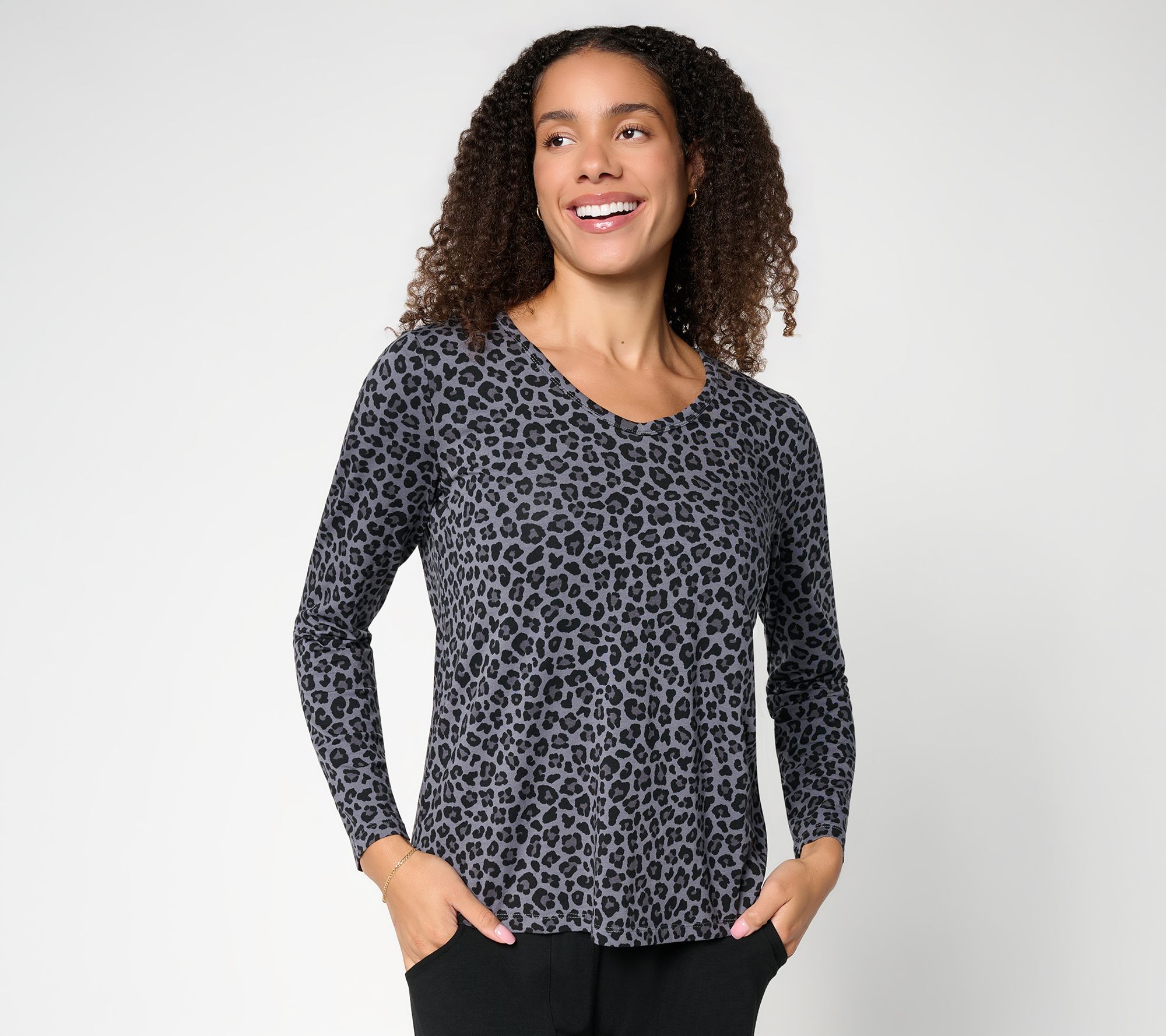 AnyBody Cozy Knit Jersey Leopard Print Long Sleeve Top