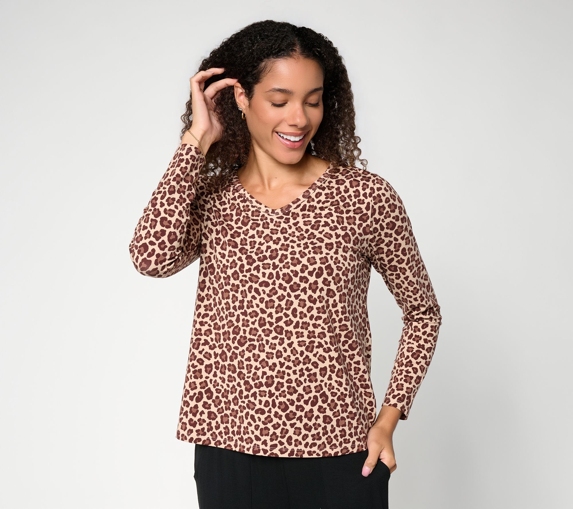 AnyBody Cozy Knit Jersey Leopard Print Long Sleeve Top