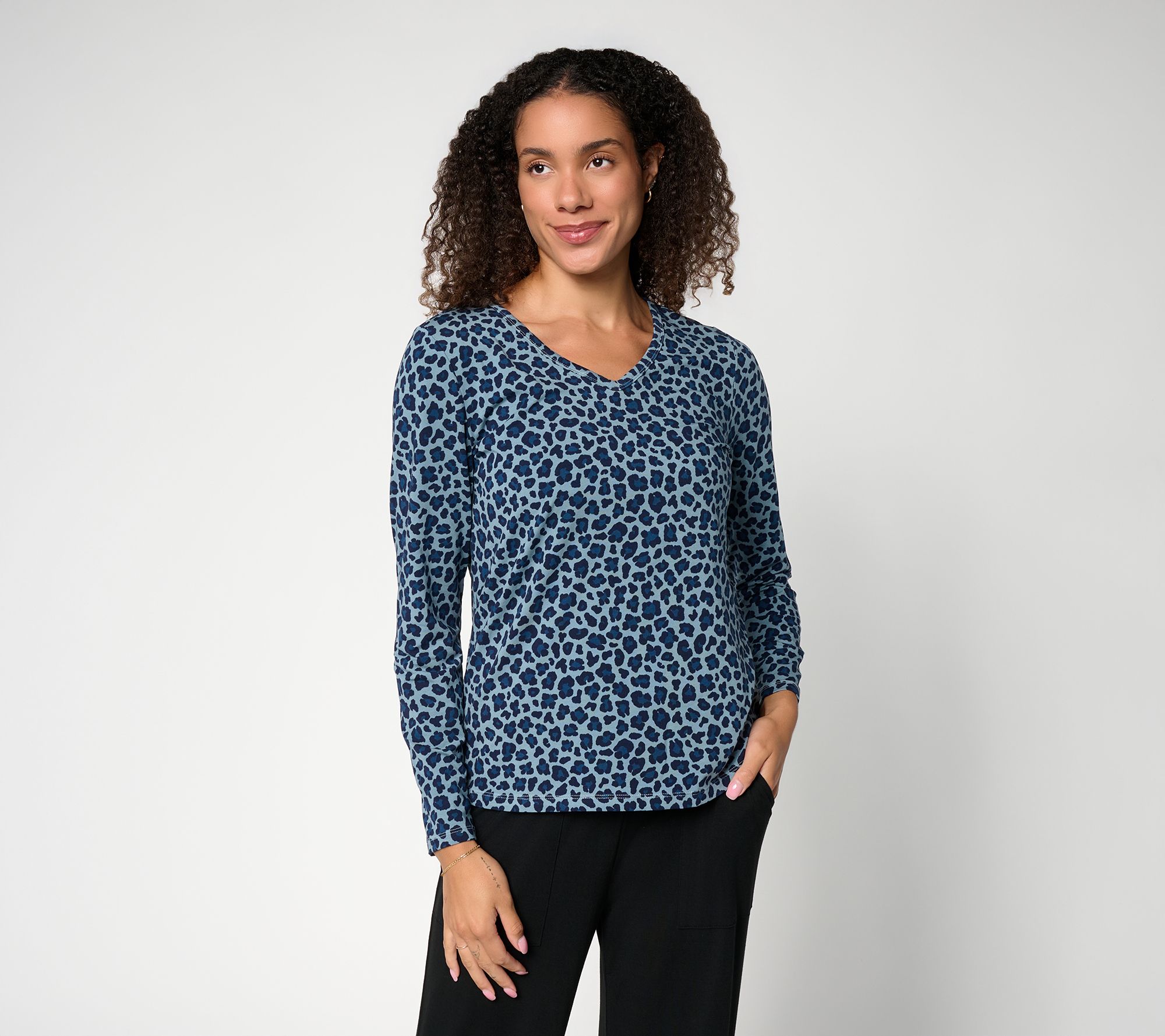 AnyBody Cozy Knit Jersey Leopard Print Long Sleeve Top