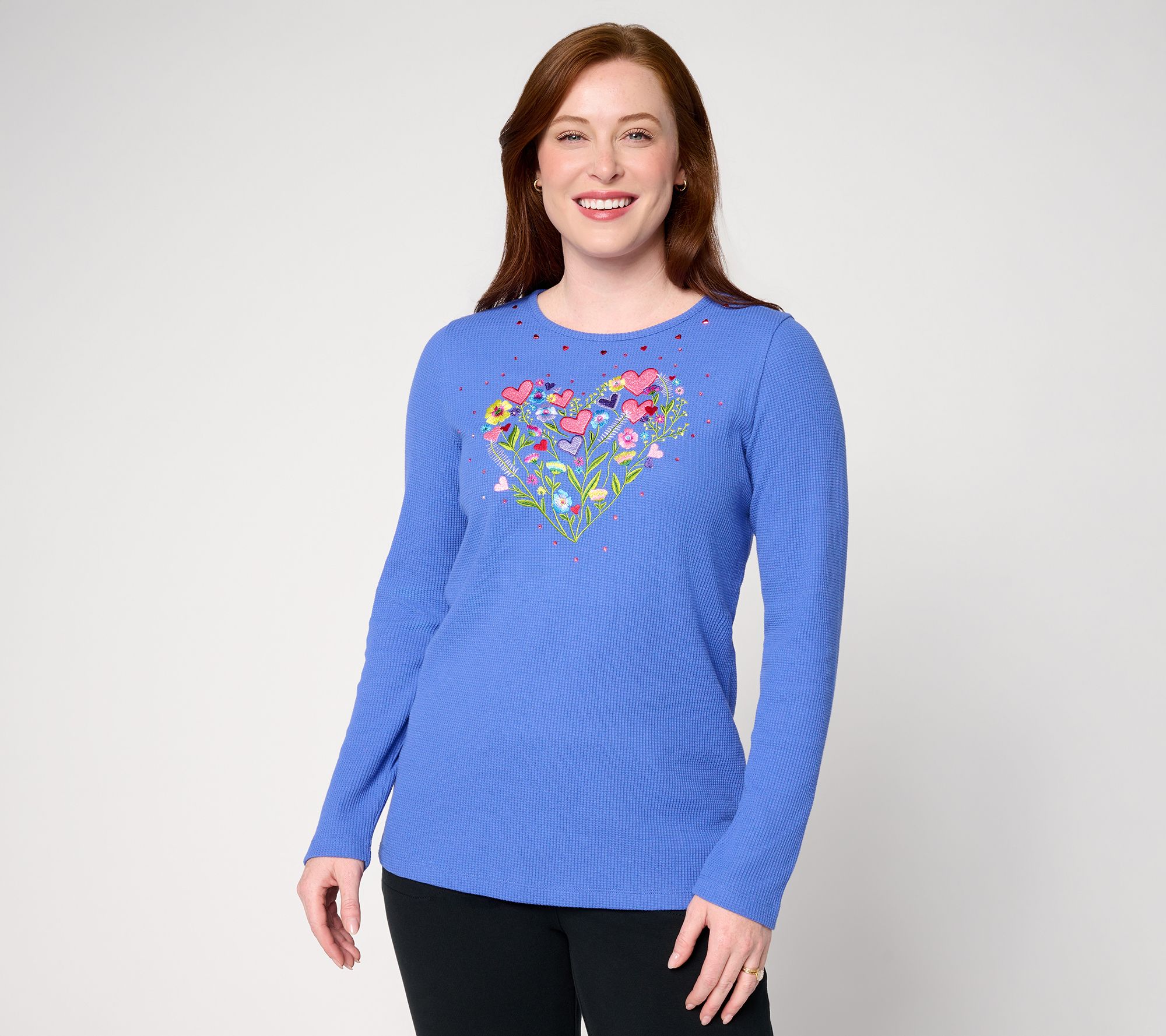 As Is Quacker Factory Queen of Hearts Waffle Long Sleeve Top