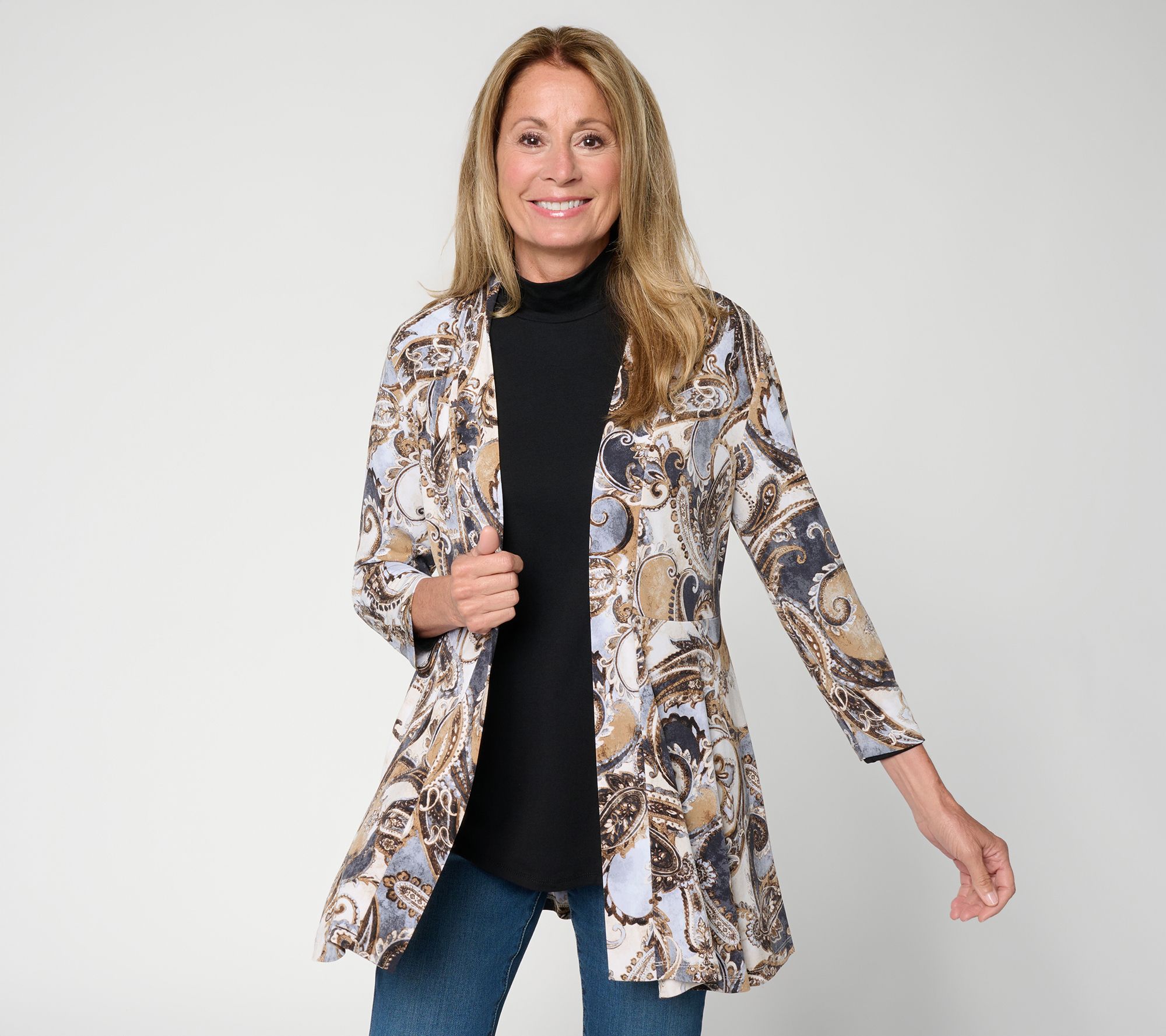 Susan Graver Regular Printed Liquid Knit Open Front Cardigan