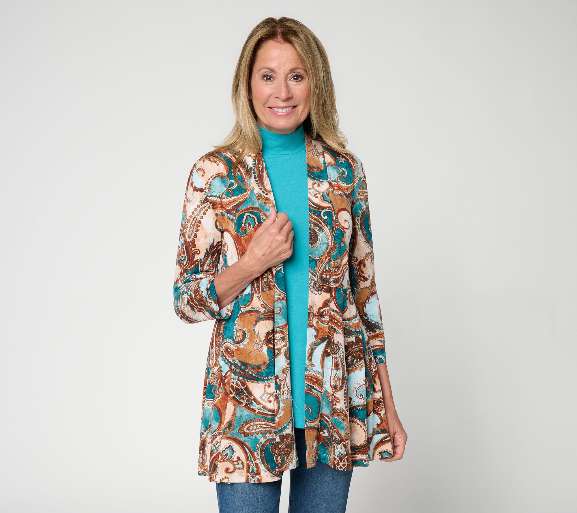 Susan Graver Regular Printed Liquid Knit Open Front Cardigan