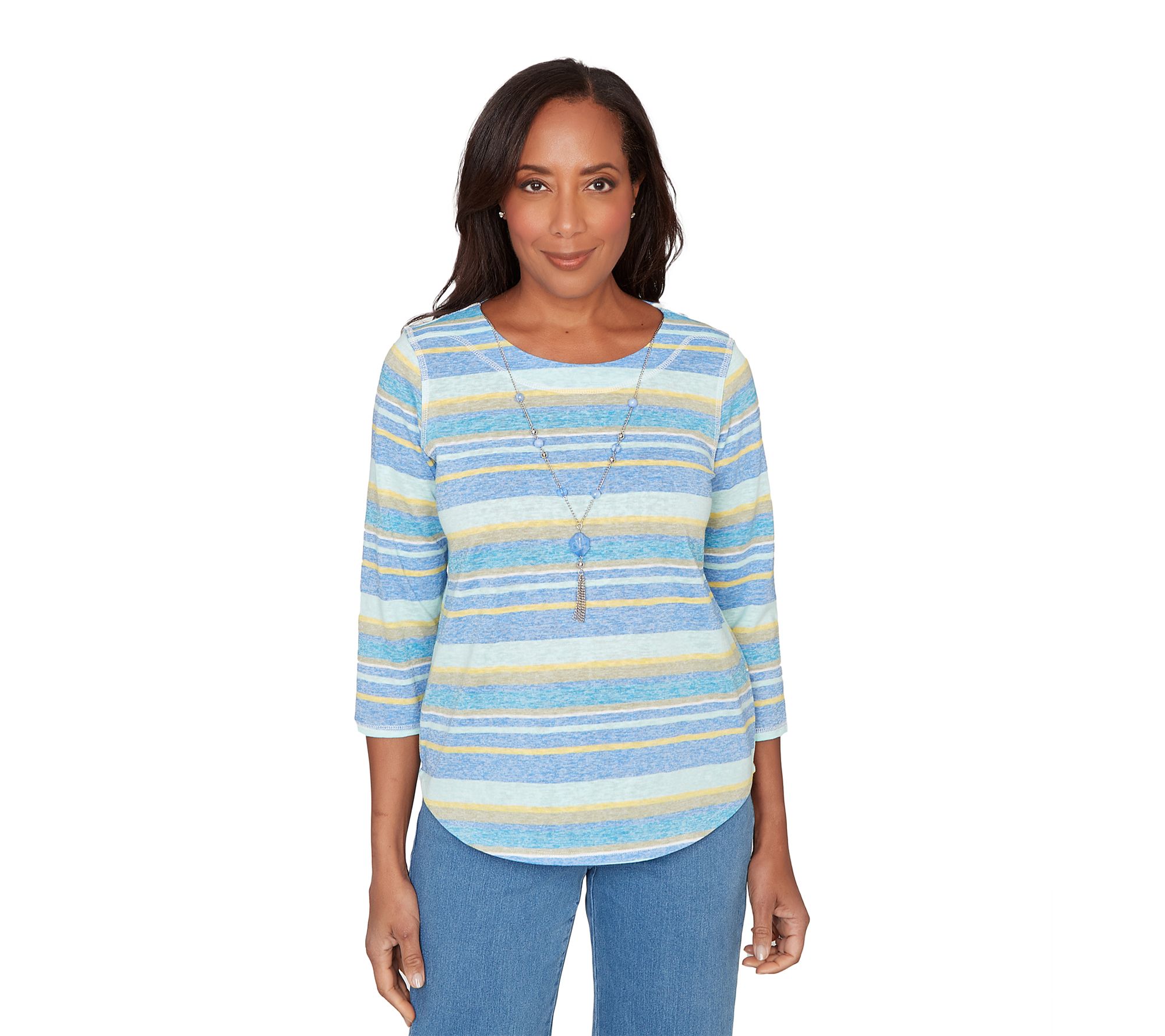 Alfred Dunner Petite Coastal Striped Top with Necklace
