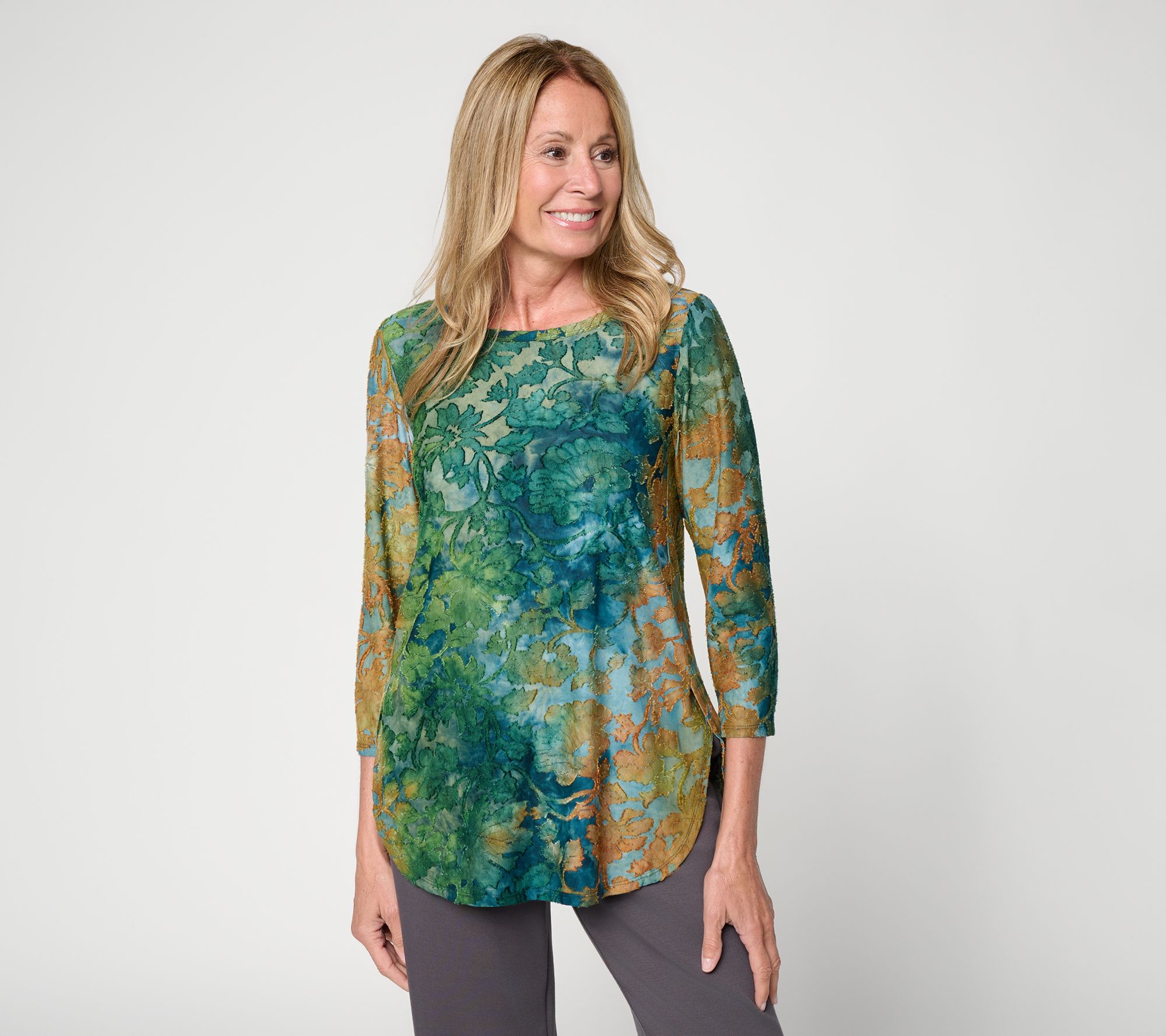 Susan Graver Regular Printed Burnout Scoop Neck 34 Sleeve Tulip Hem Tunic