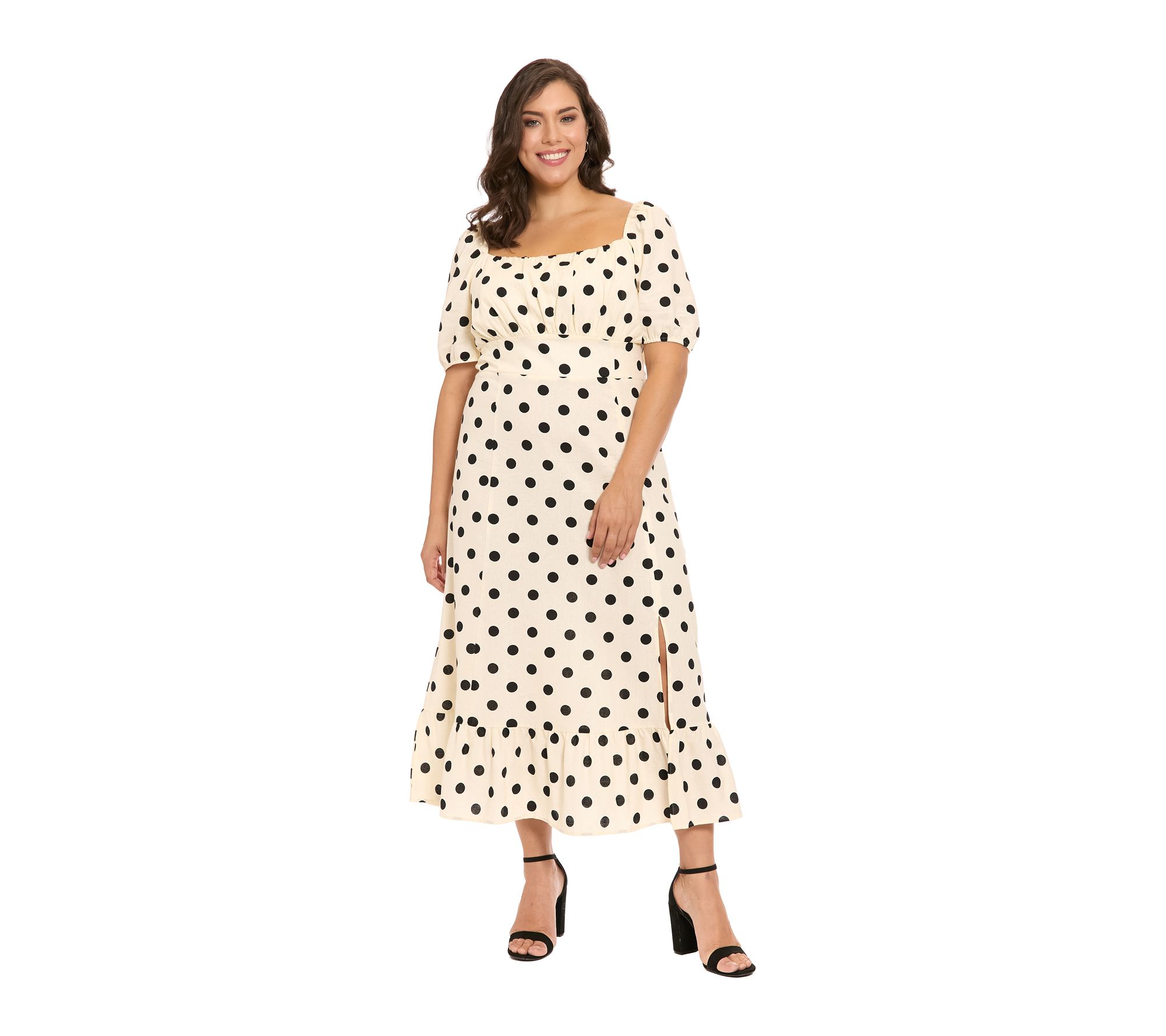 London Times Plus Puff Slv Ruched Empire Smocked Back Midi