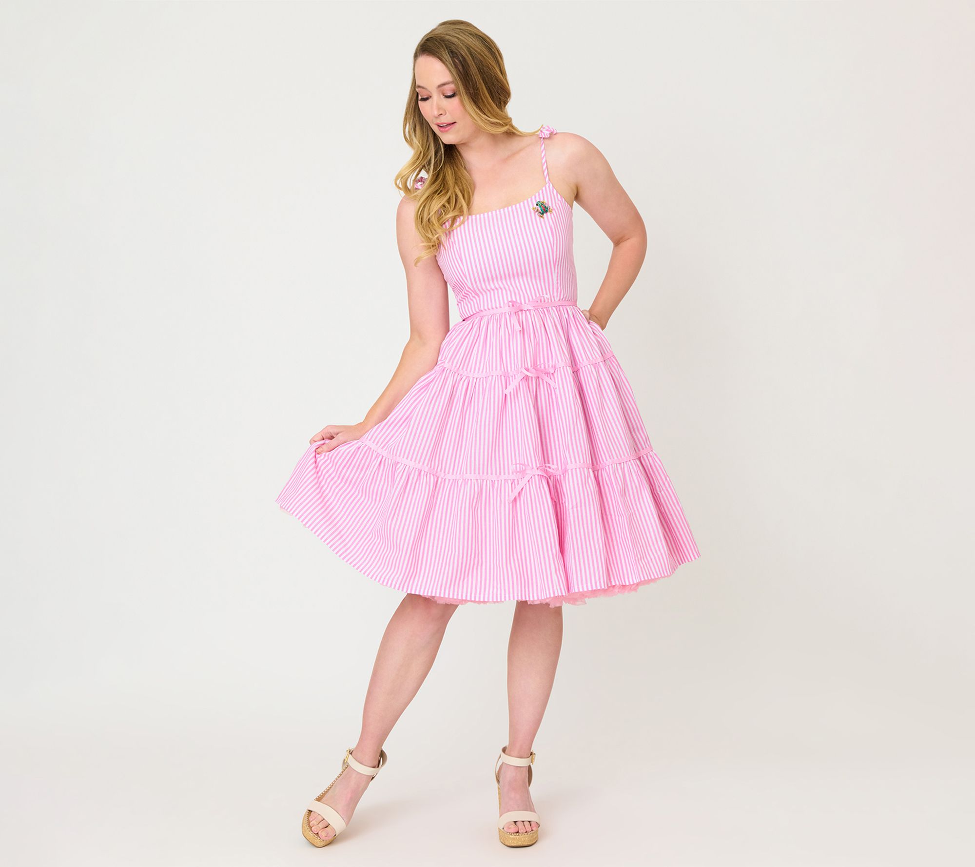 Unique Vintage Pink Stripes & Frog Brooch Tiered Swing Dress