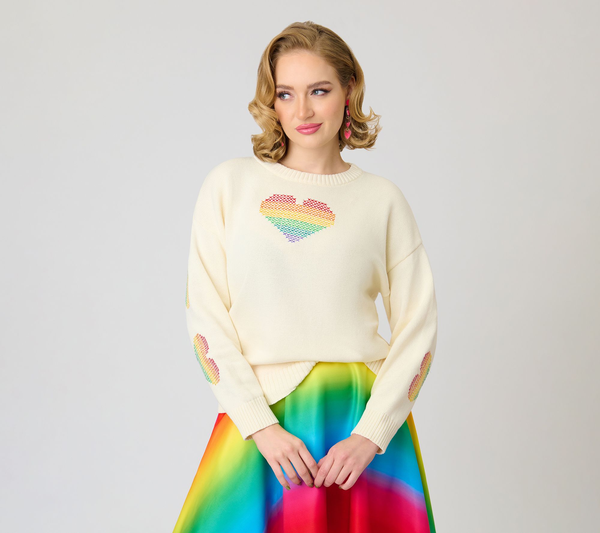 Unique Vintage Ivory Cross Stitch Drop ShoulderSweater