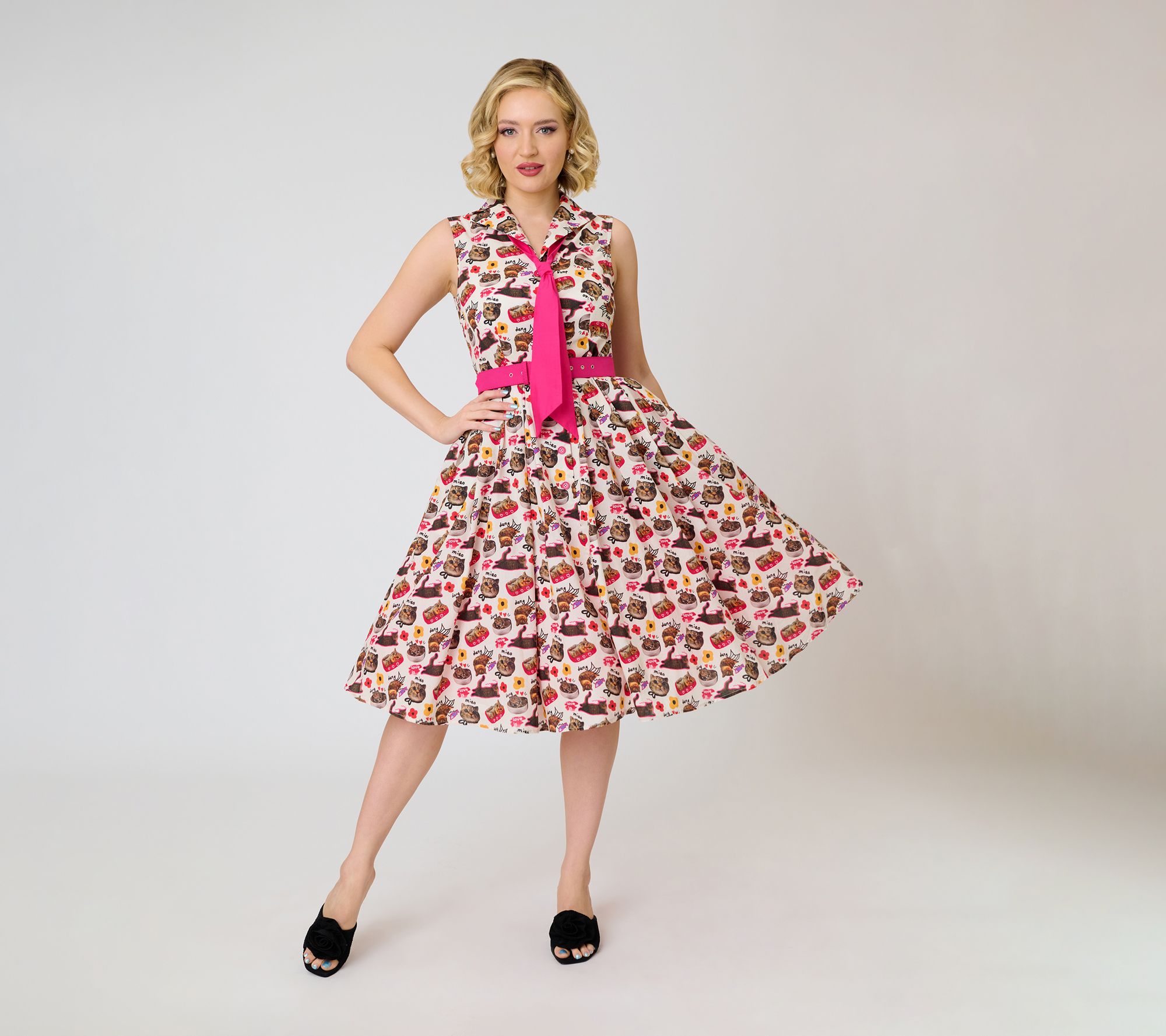 Unique Vintage White Kitschy Cat Print Edith Swing Dress