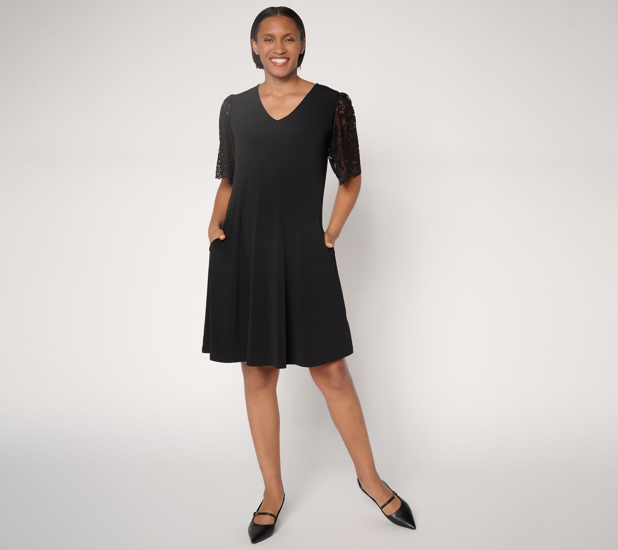 "As Is" Susan Graver Regular Liquid Knit V-Neck A-Line Dress-Lace Slvs