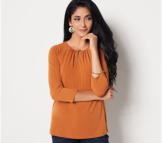 Susan Graver Liquid Knit 3/4-Sleeve Top with Keyhole