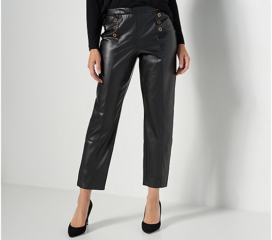 Susan Graver Petite Faux Leather Ankle Pants w/ Button Detail