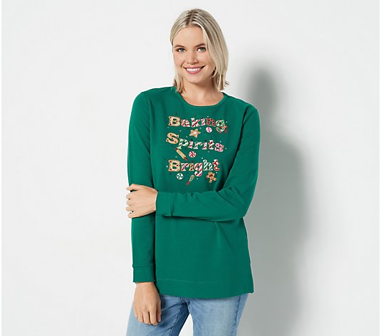 Quacker Factory Holiday Saying French Terry Long-Sleeve Top