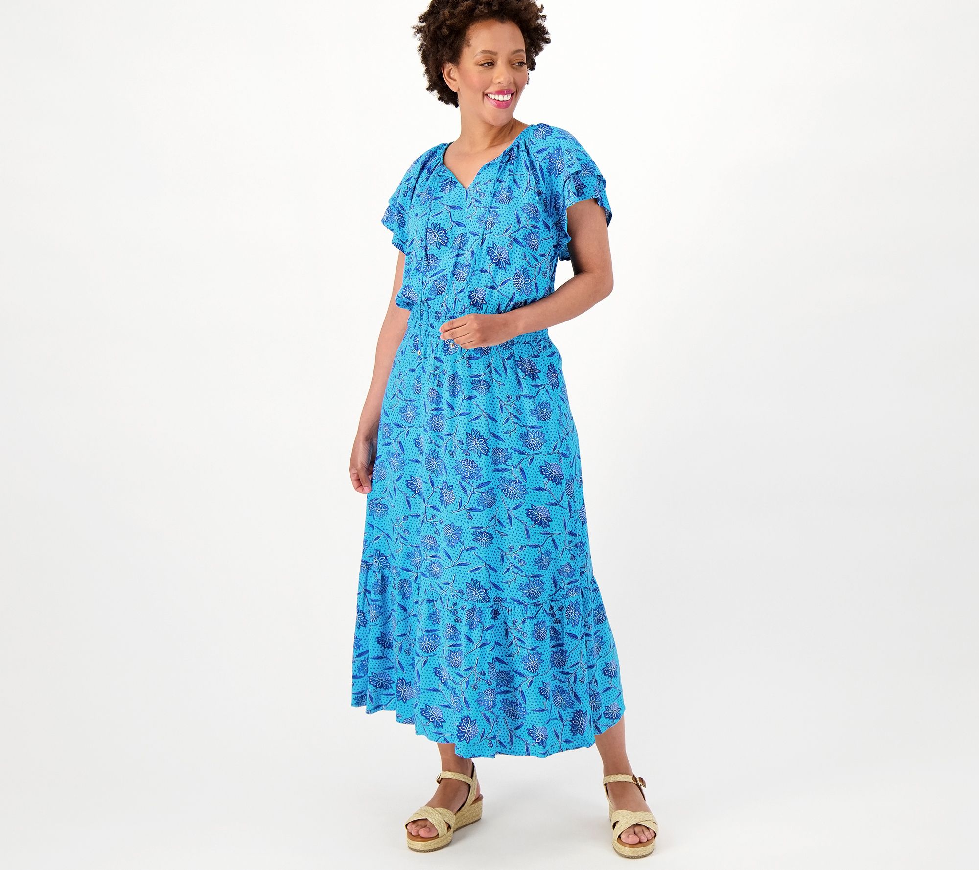 Destination 365 Regular Printed Short-Sleeve Midi Dress with Smocking