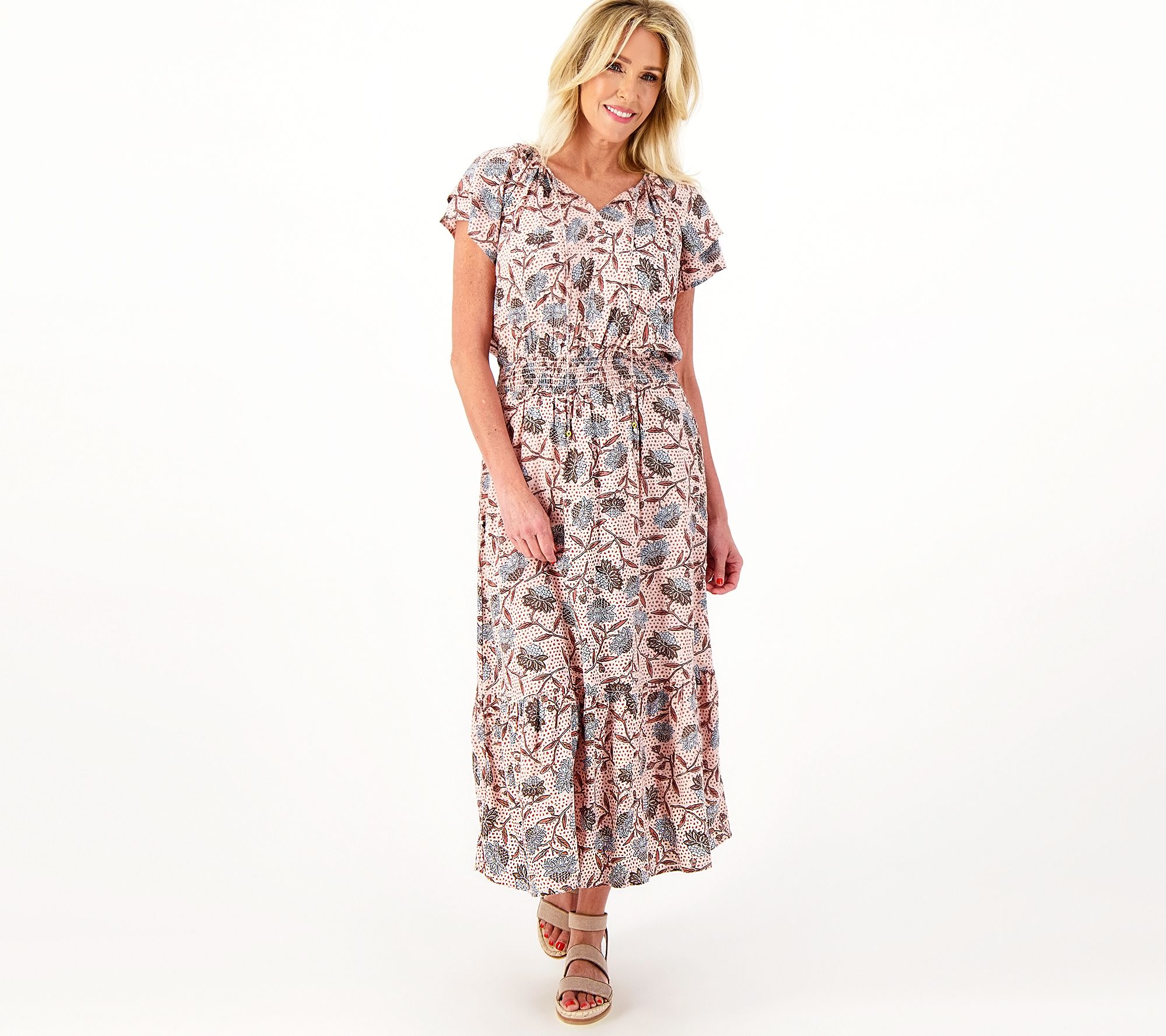 (QVC) Destination 365 Printed Short-Sleeve Midi Dress with Smocking ...