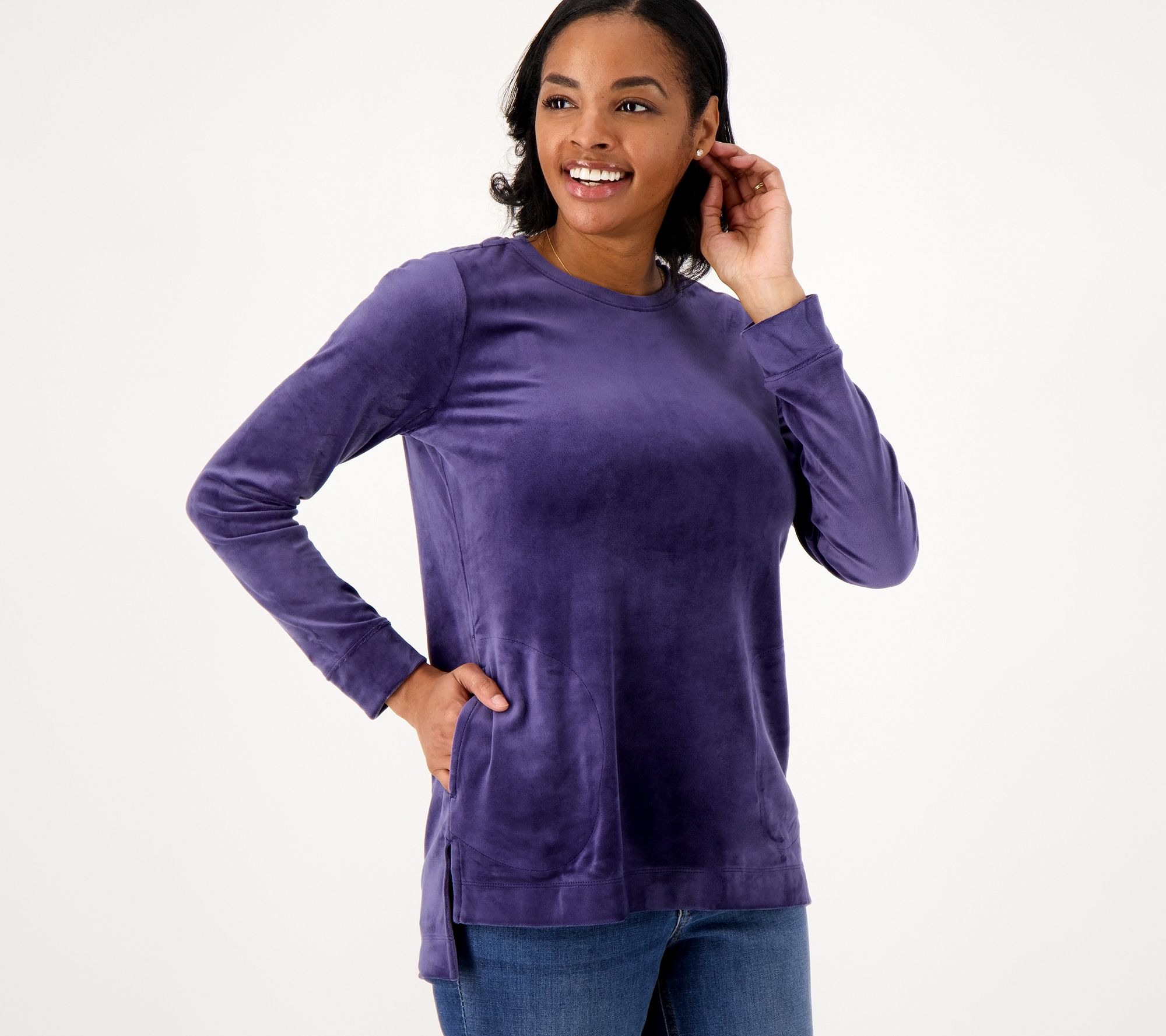 "As Is" Denim & Co. Petite Printed Velour Pullover with Hi-Low Hem