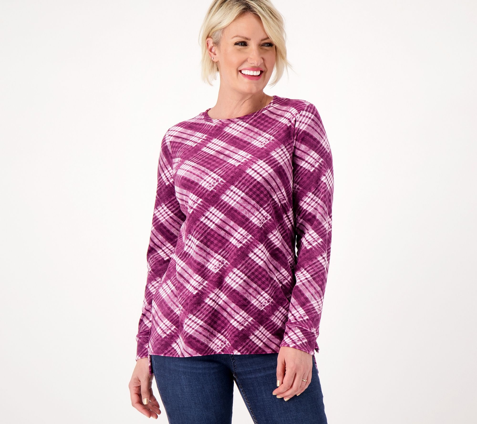 "As Is" Denim & Co. Petite Printed Velour Pullover with Hi-Low Hem