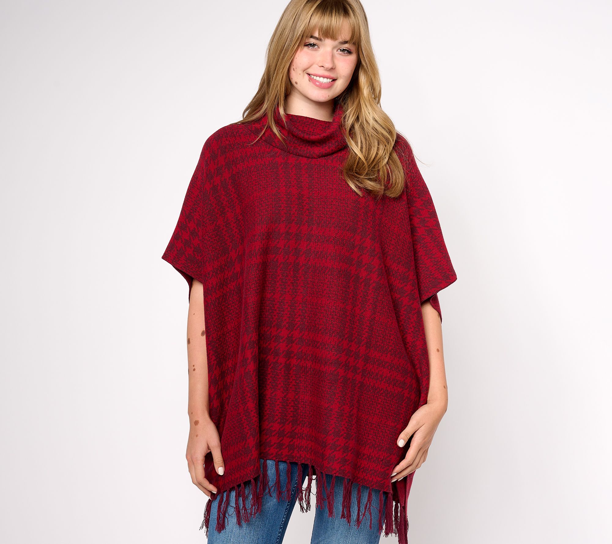 Denim & Co. Plaid Jacquard Cowl Neck Poncho with Fringe Hem