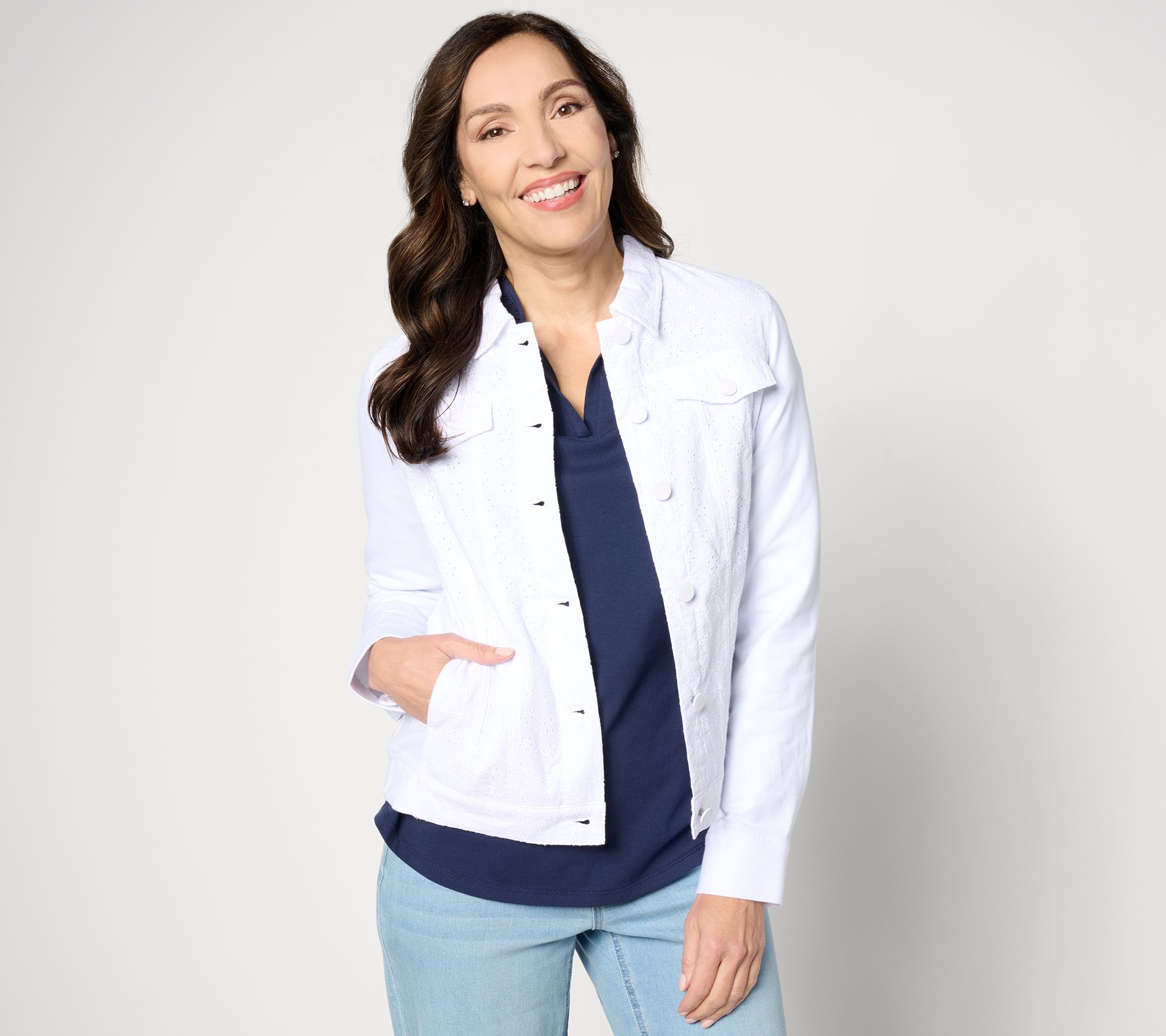 Belle by Kim Gravel Eyelet Jacket with Knit Back and Sleeves