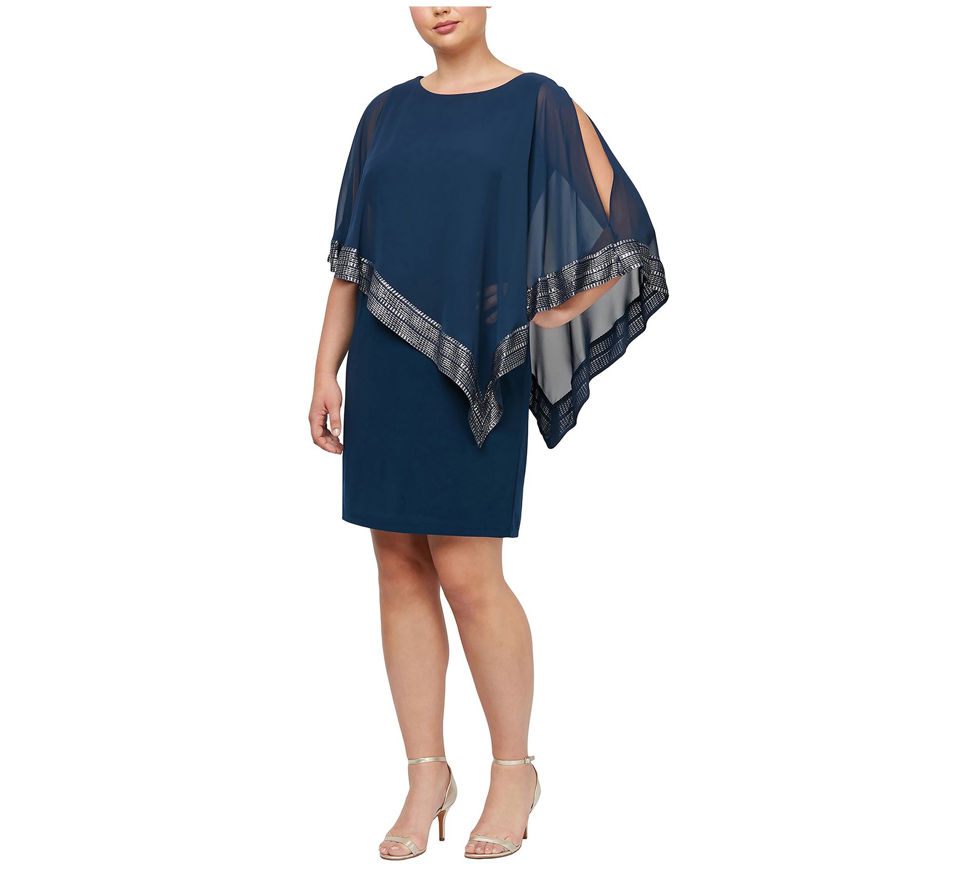 S.L. Fashions Foil Trim Asymmetrical Cape Dress(Plus Size) 