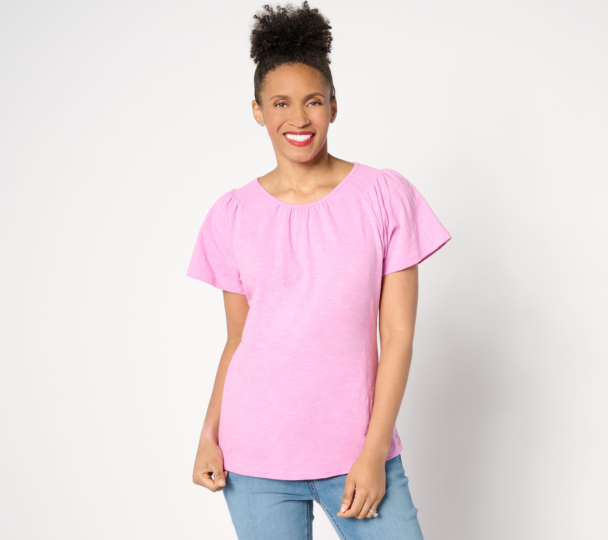 Denim & Co. Adaptive Knit Round Neck Flutter Sleeve Top w/ Smocking