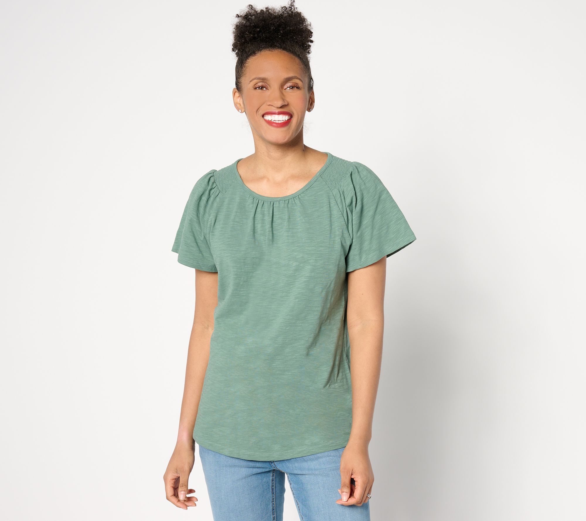 Denim & Co. Adaptive Knit Round Neck Flutter Sleeve Top w/ Smocking