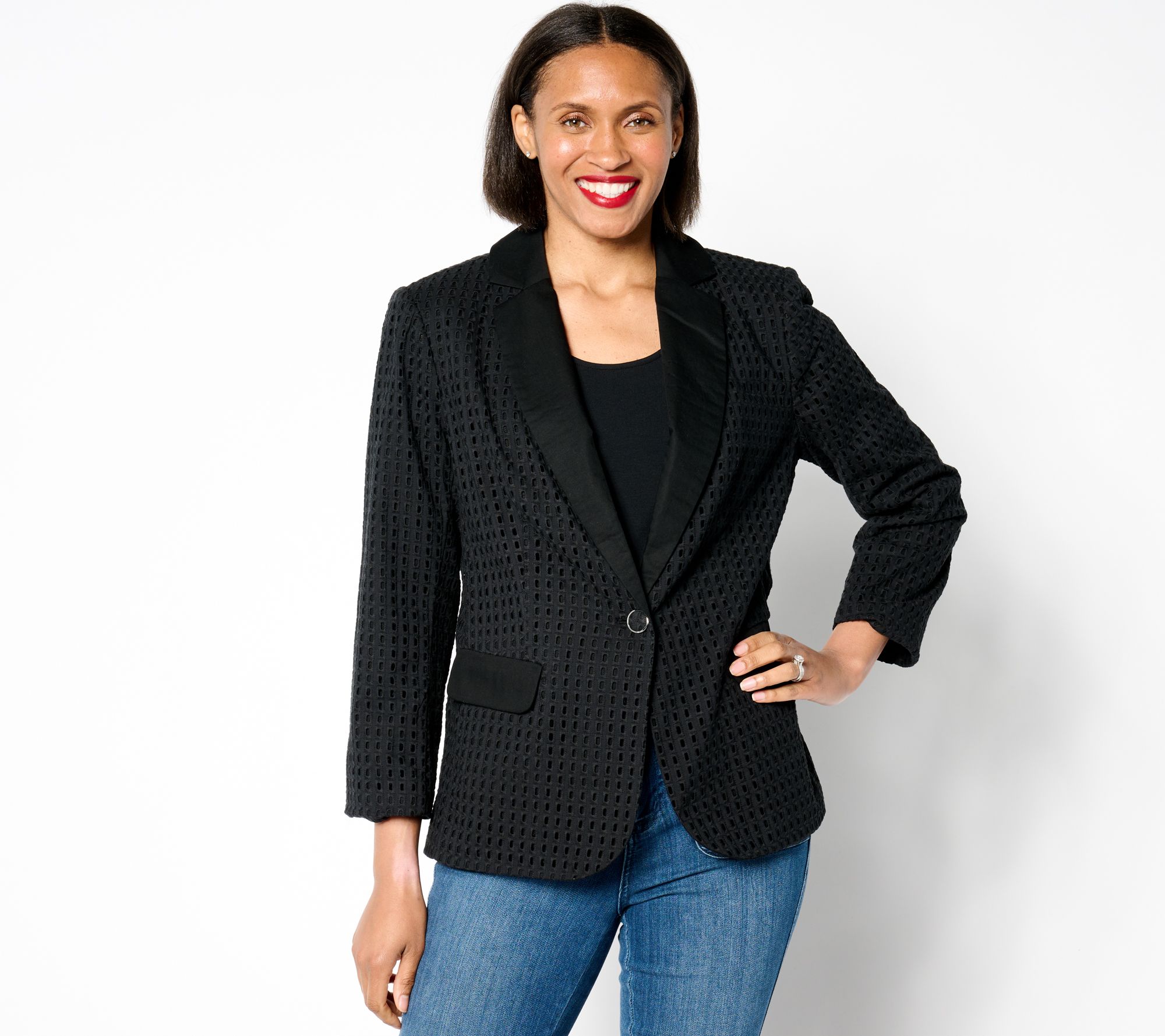 Susan Graver PURE Cotton Eyelet Notch Collar Bracelet Sleeve Blazer